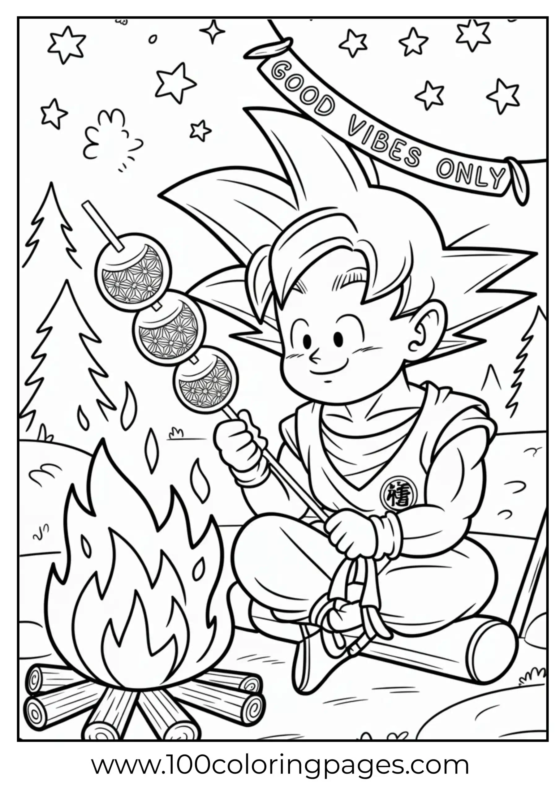 Goku eating dango by campfire coloring page