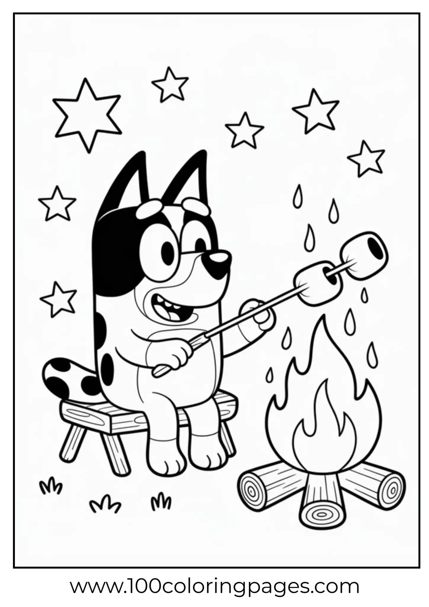 Cartoon dog roasting marshmallows over a campfire