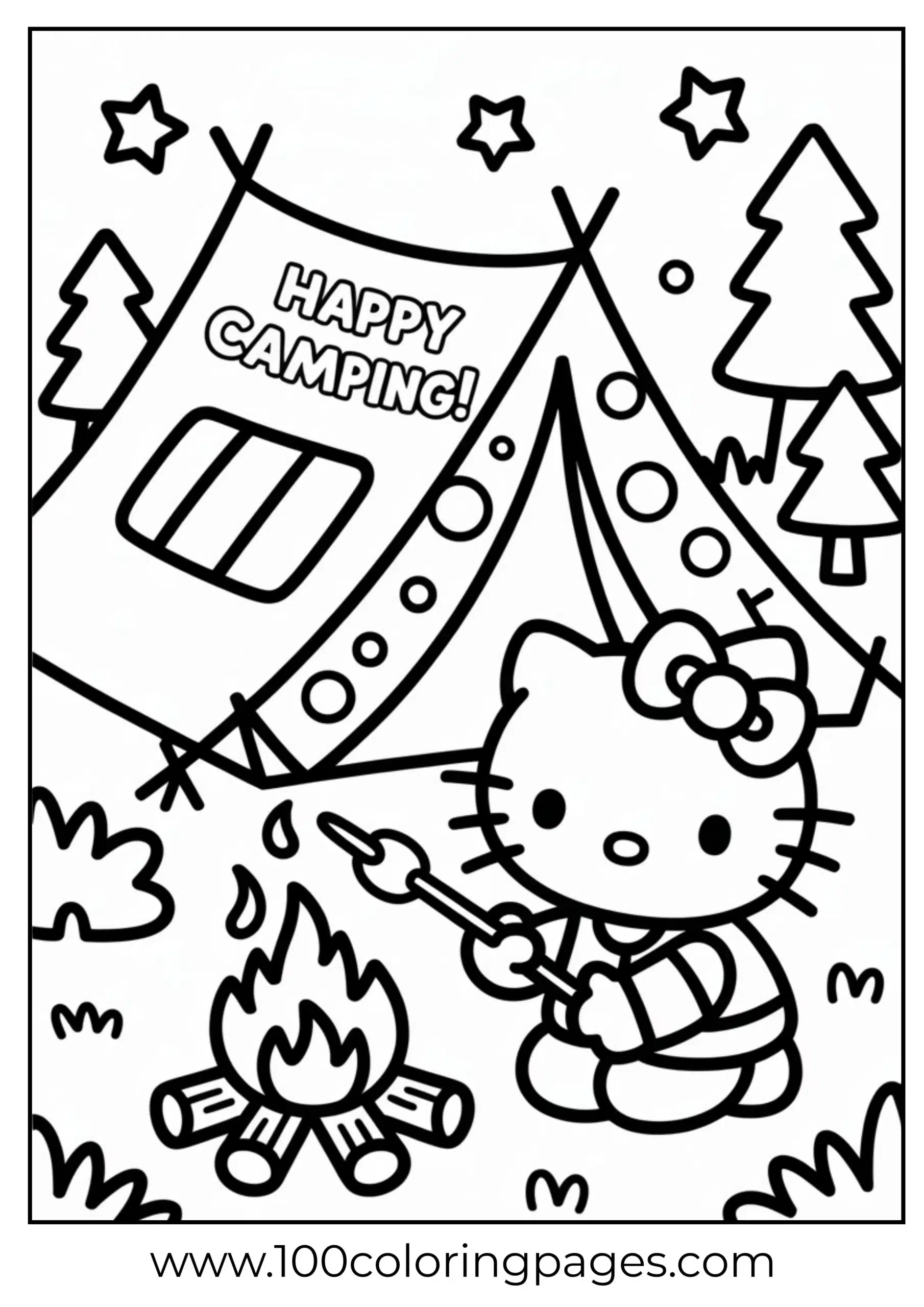 Hello Kitty camping and roasting marshmallows coloring page