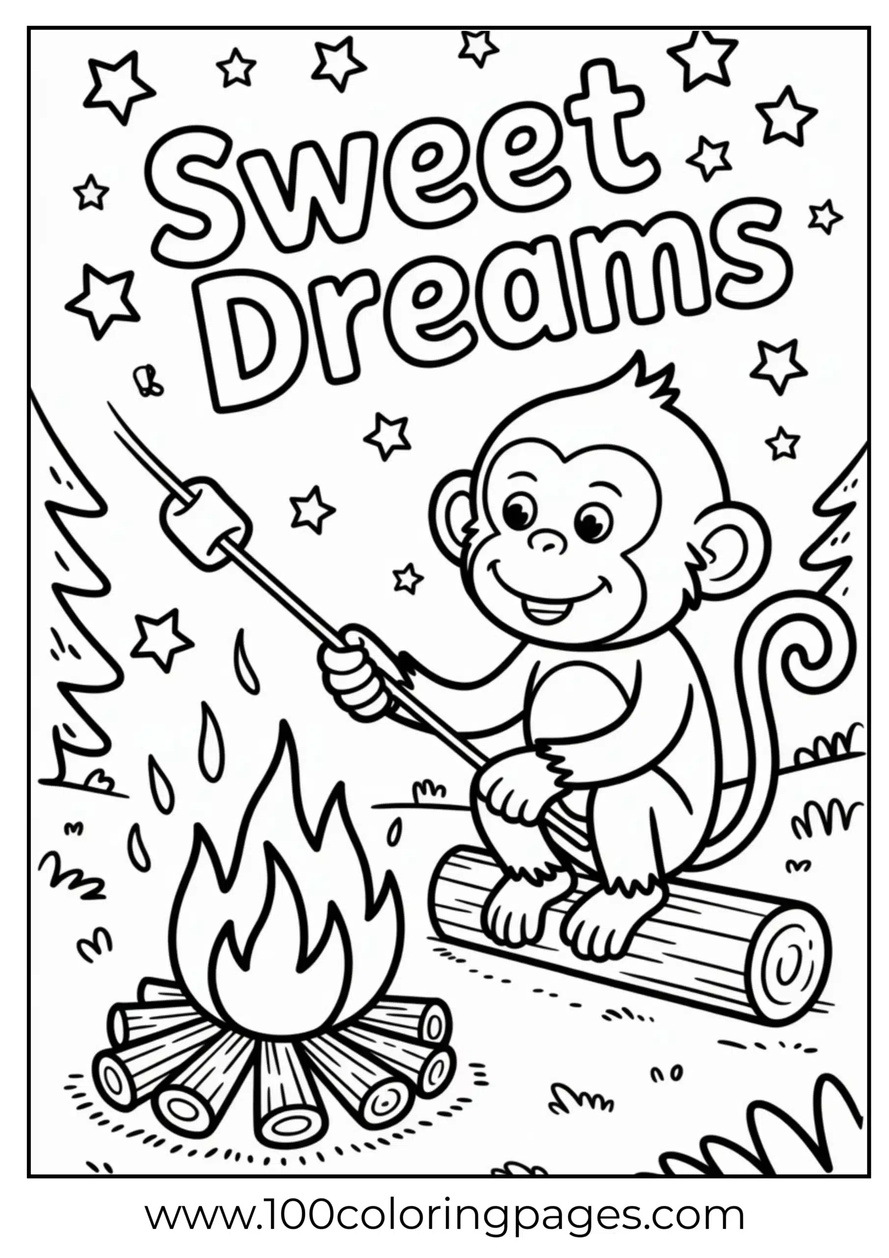 Monkey at campfire roasting marshmallows coloring page