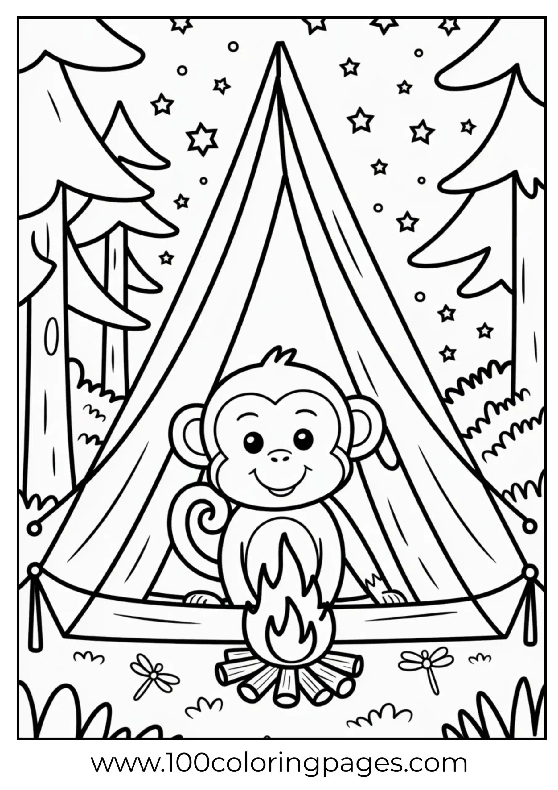 Monkey camping in forest at night coloring page