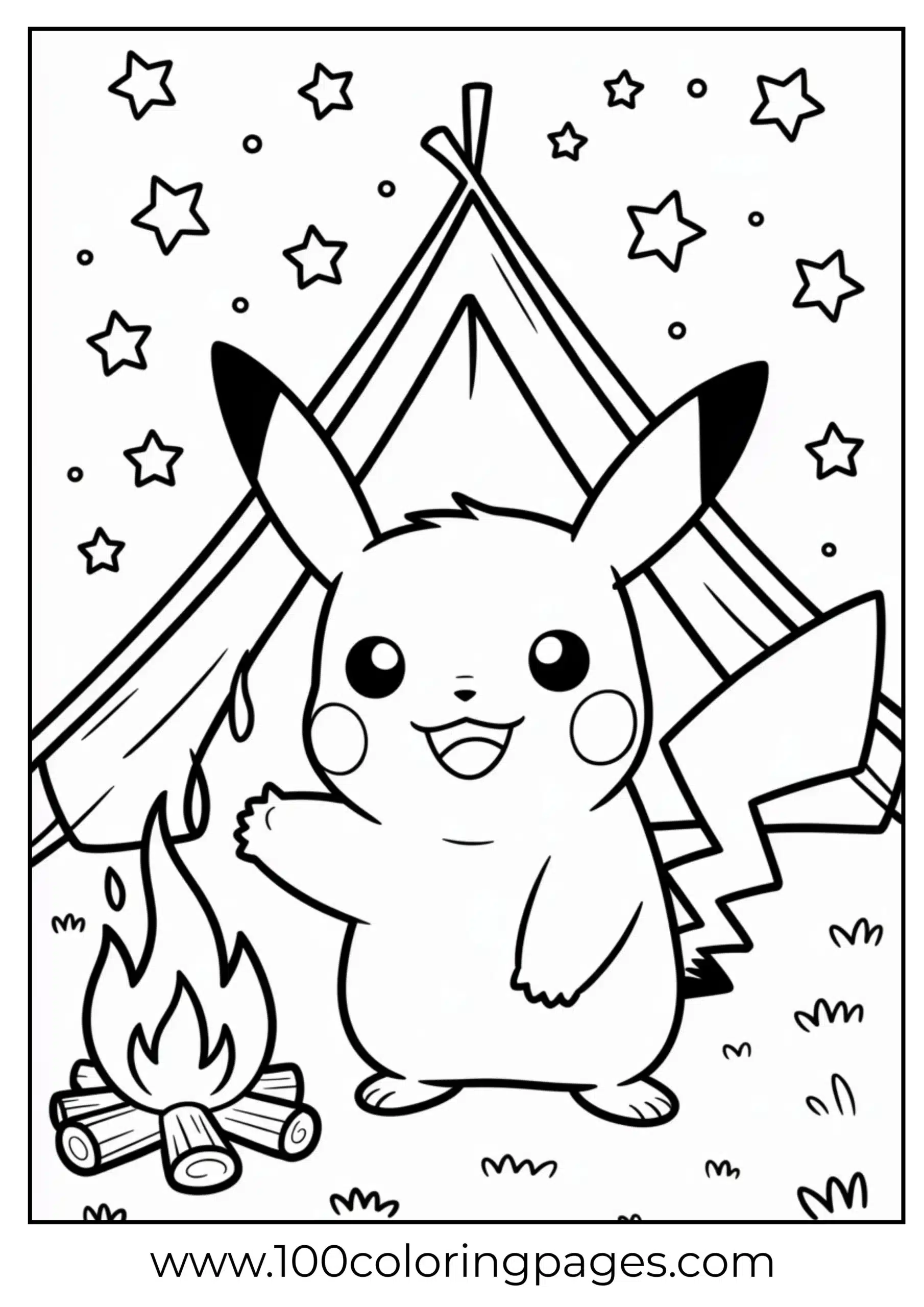Pikachu camping at night with tent and fire