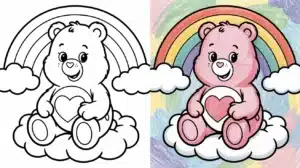 Care Bear coloring pages featuring a pink bear with a heart sitting on a cloud under a rainbow