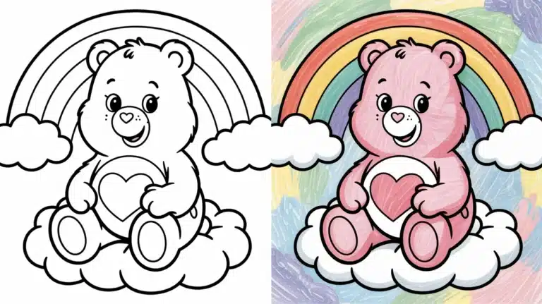 Care Bear coloring pages featuring a pink bear with a heart sitting on a cloud under a rainbow