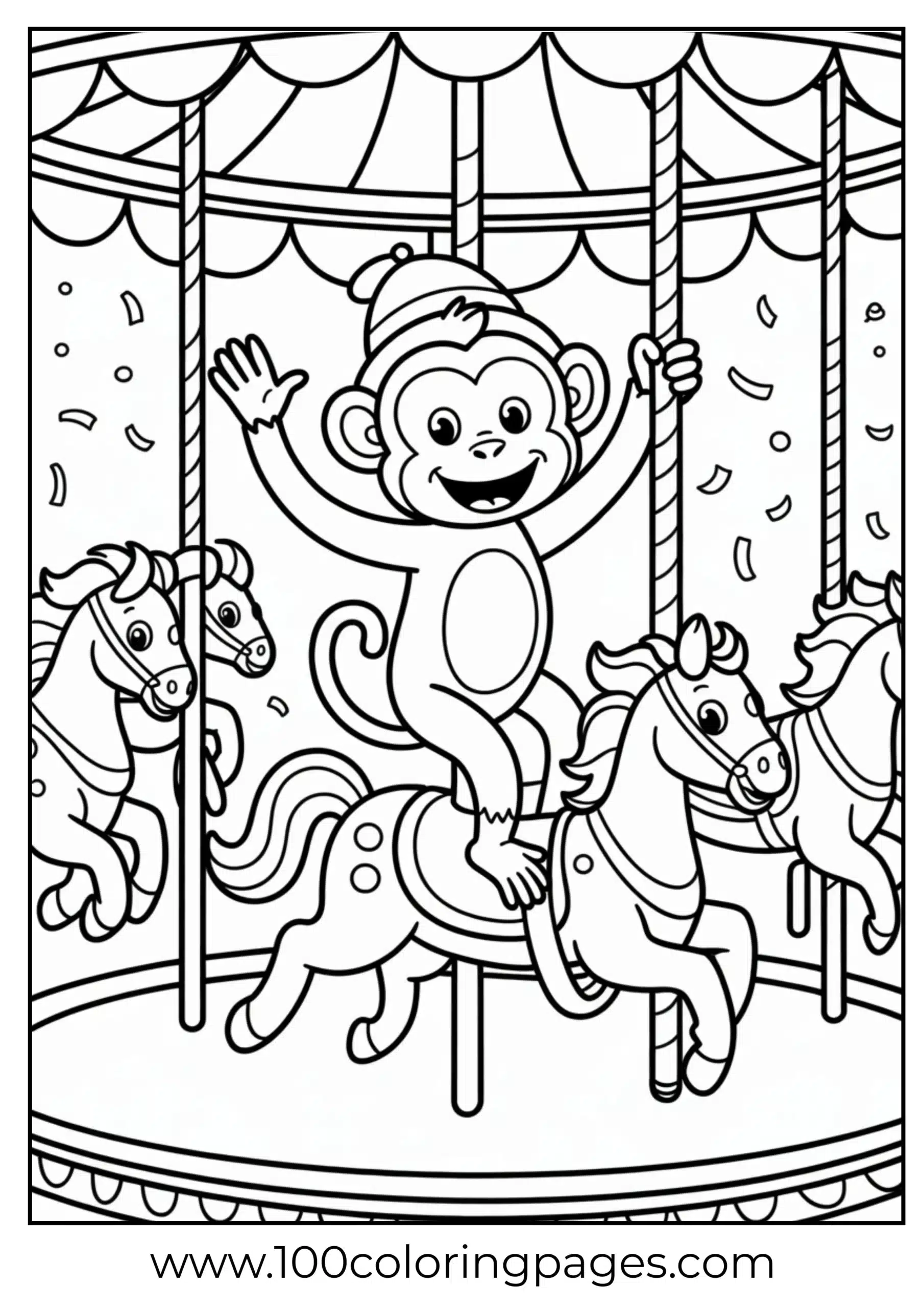 Monkey on carousel coloring page