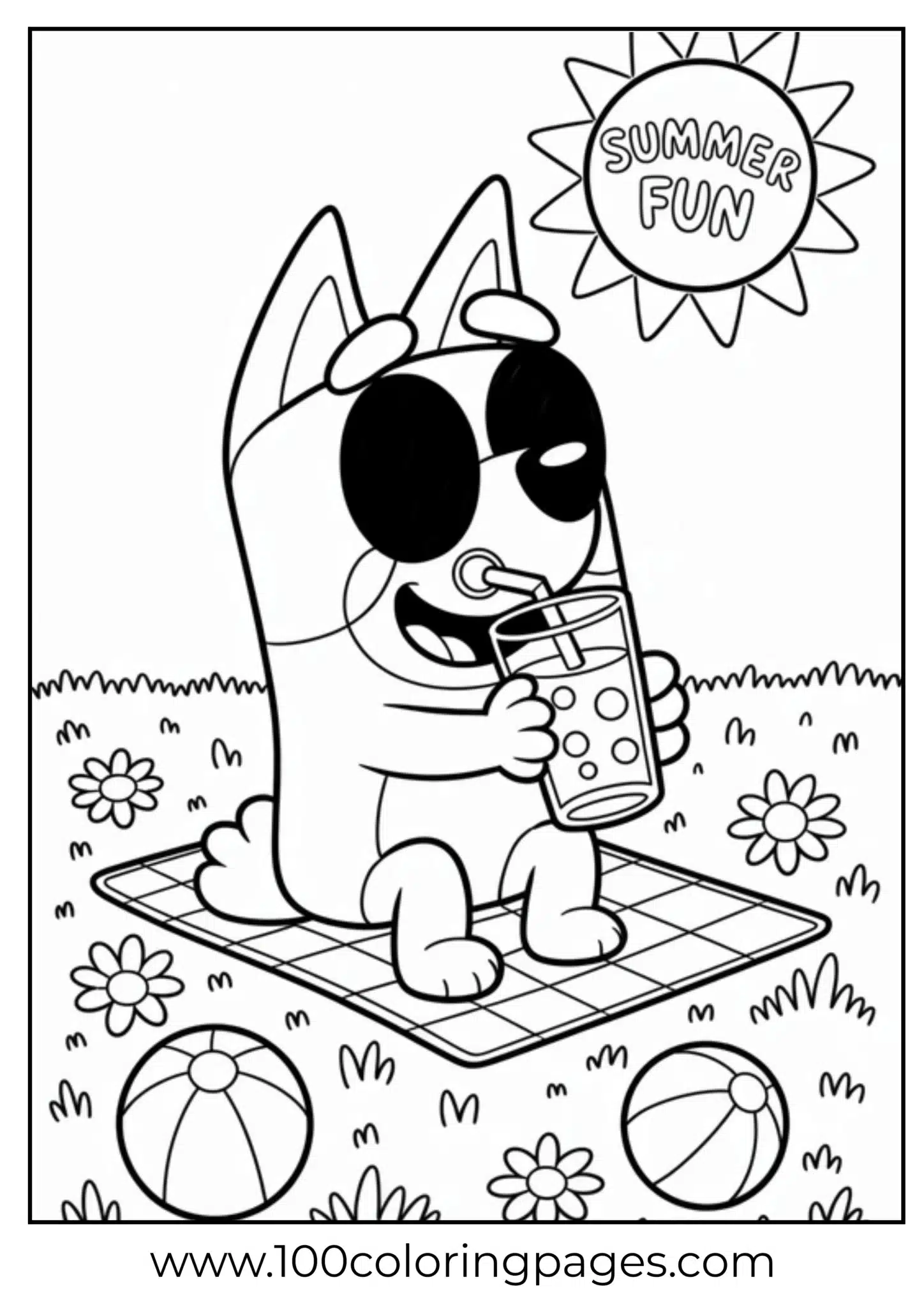 Cartoon dog sipping a drink on a picnic blanket coloring page