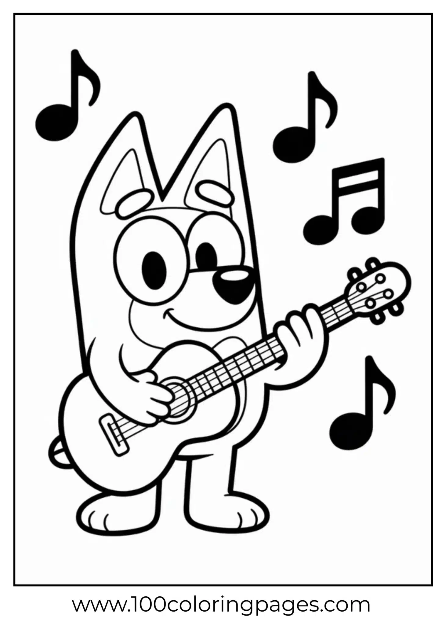 Cartoon dog playing guitar with musical notes around