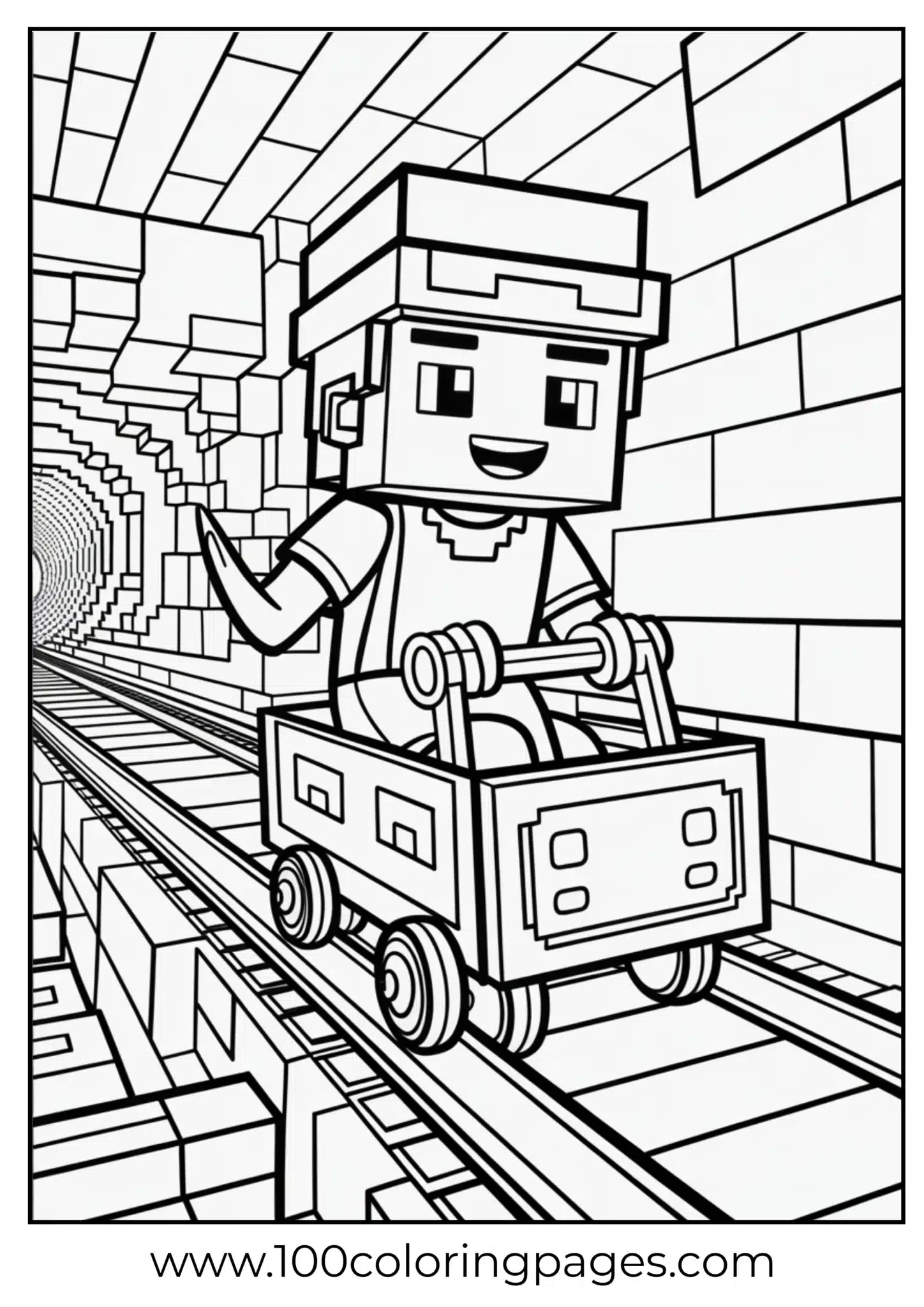 Cartoon miner riding a minecart through a tunnel