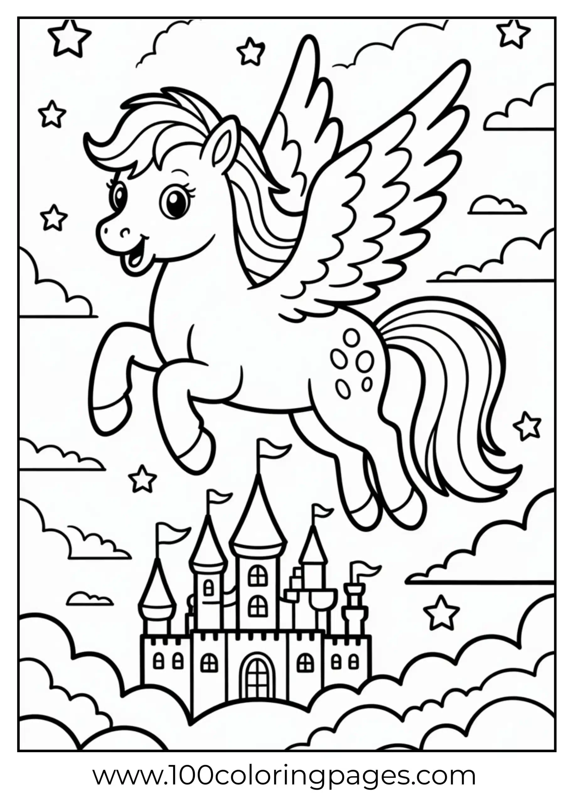 Pegasus pony flying above castle