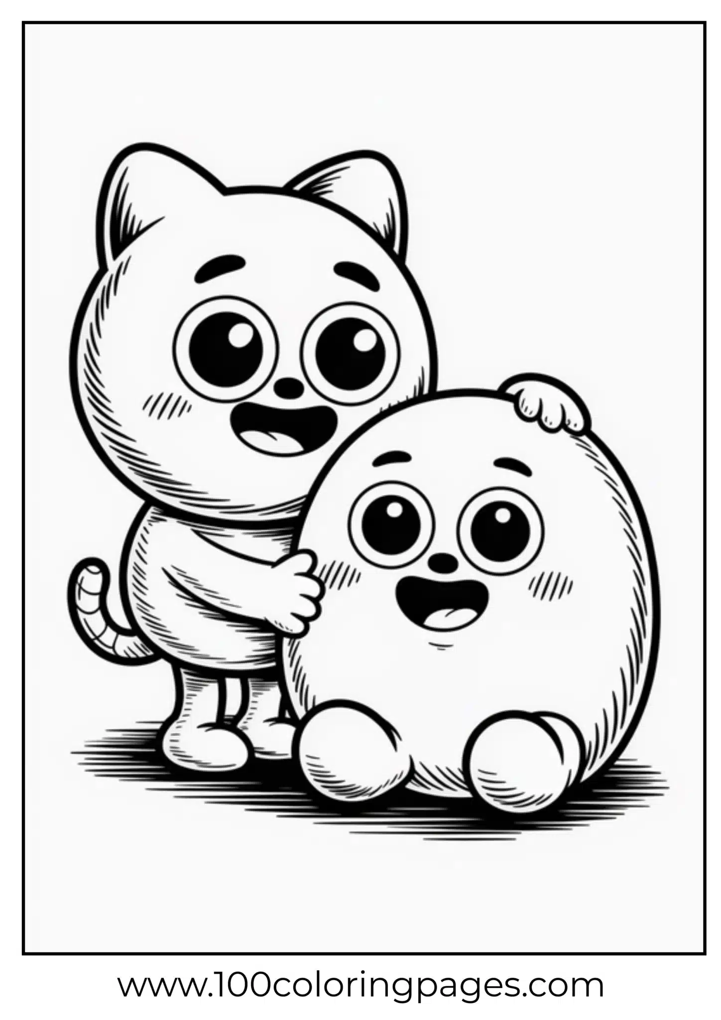 Cartoon cat and a round fluffy creature coloring page