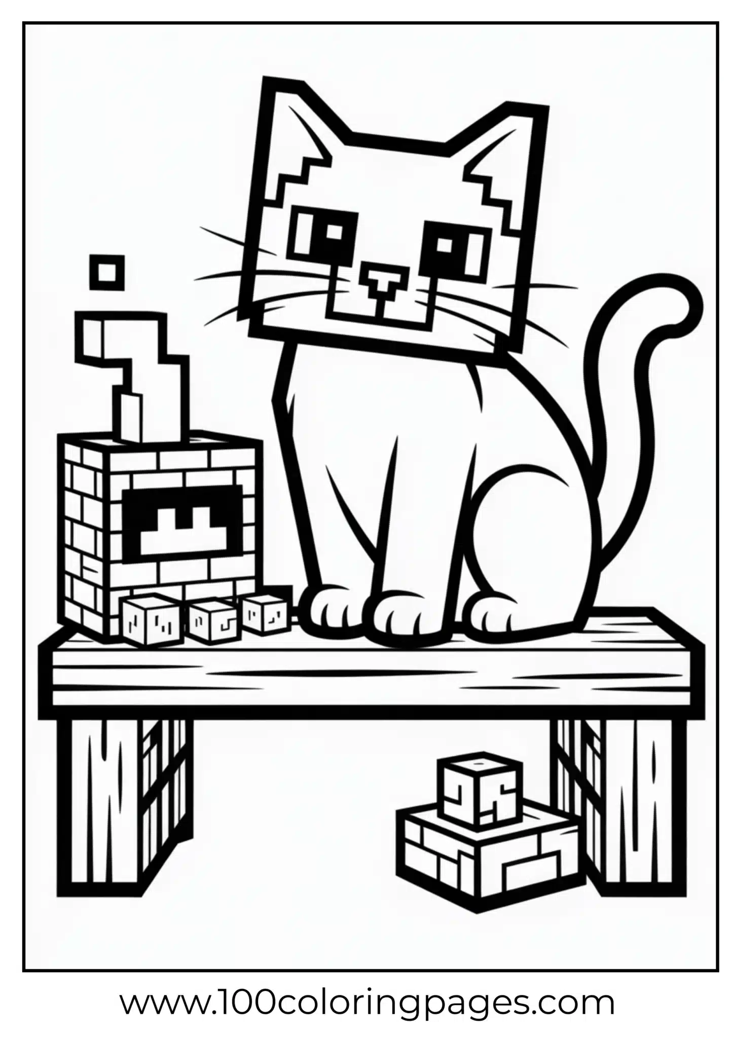 A cat sitting next to a building made of blocks