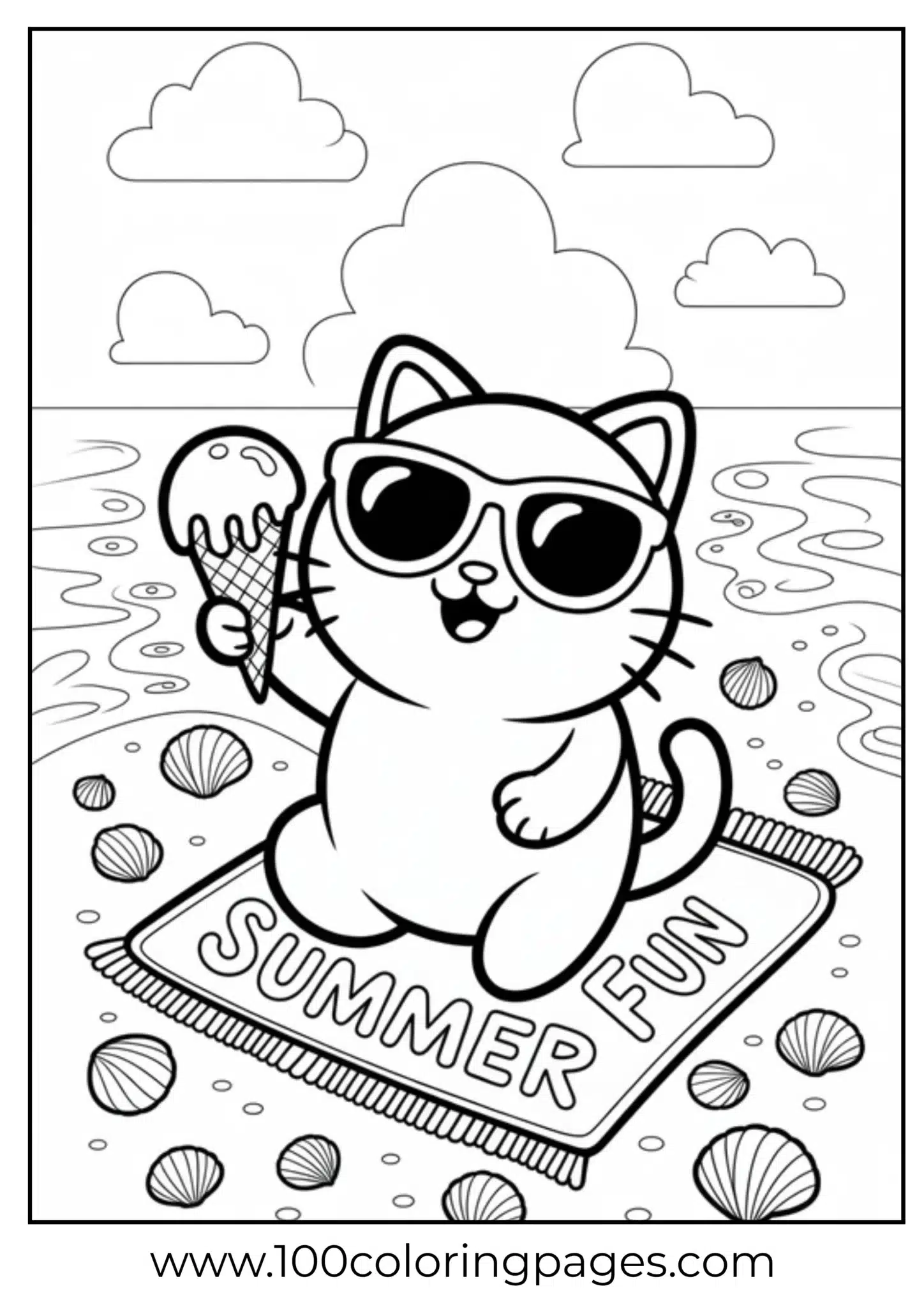 Cat with sunglasses on a beach mat holding ice cream