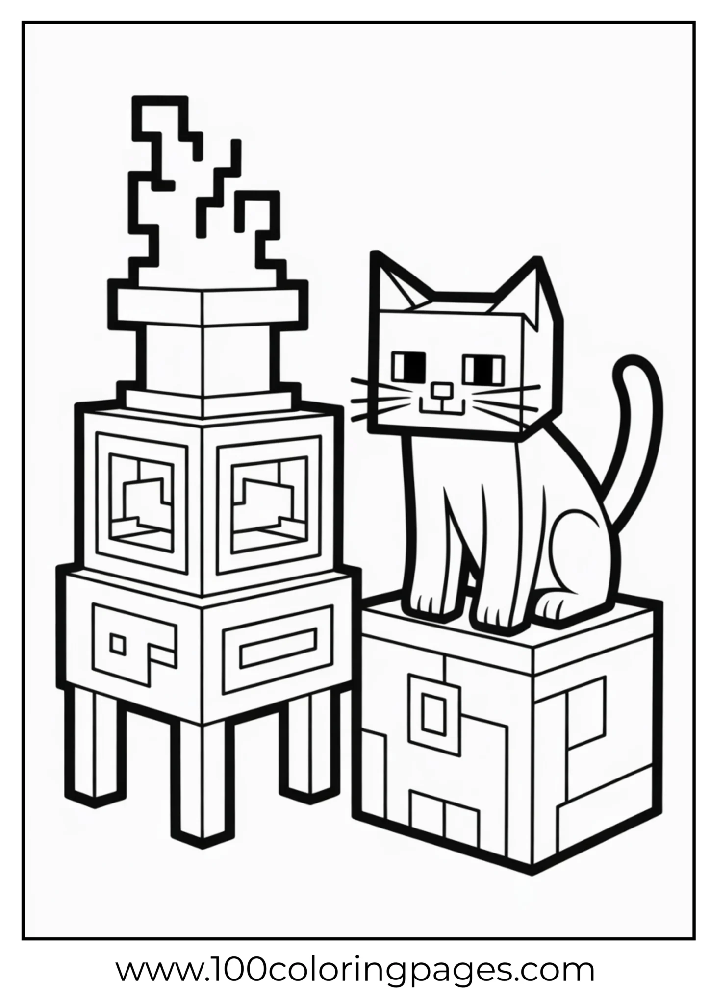 Cat sitting on a wooden stool by a stylized fireplace