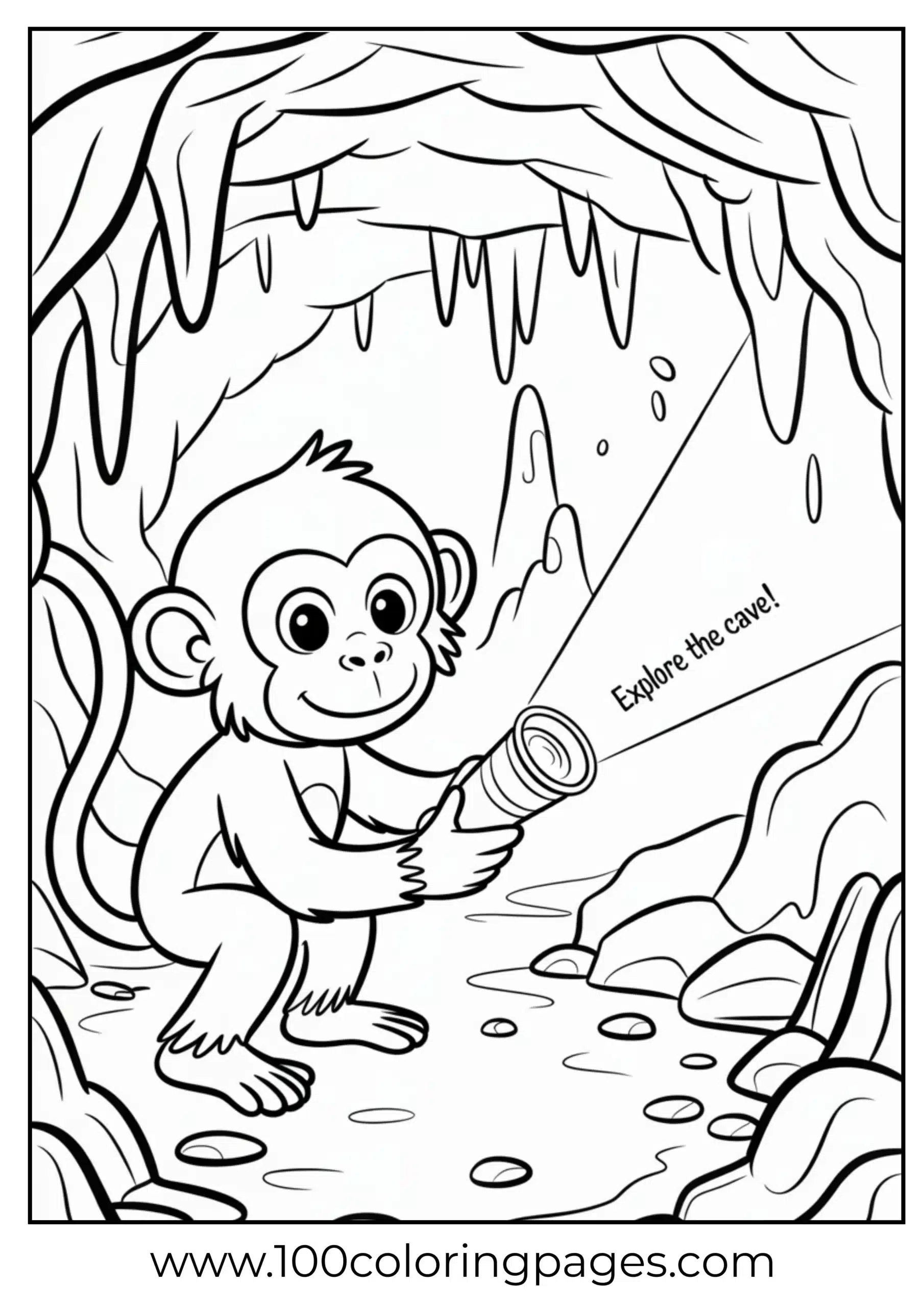 Monkey exploring cave with flashlight coloring page