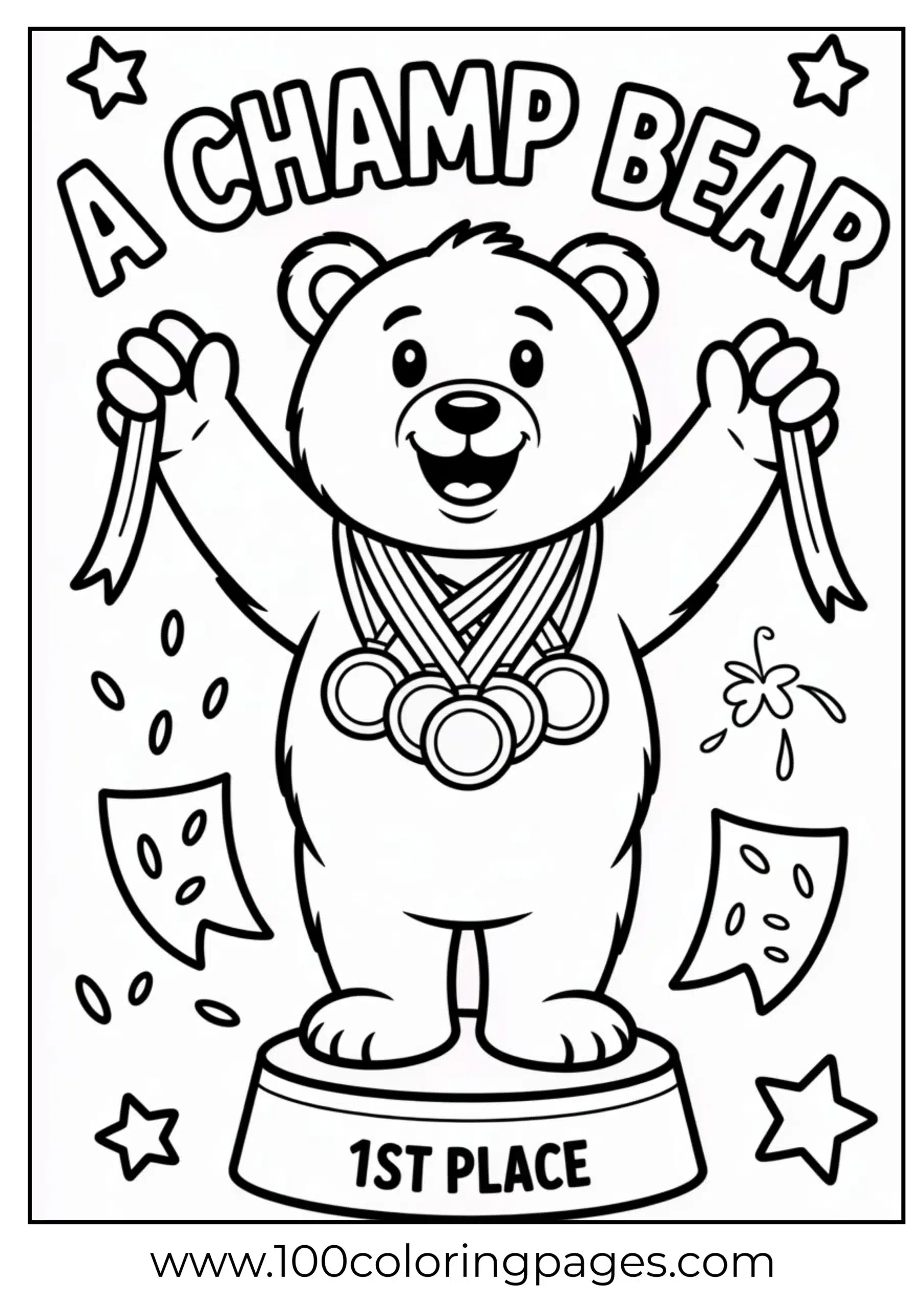 Champ Bear showing medals coloring page