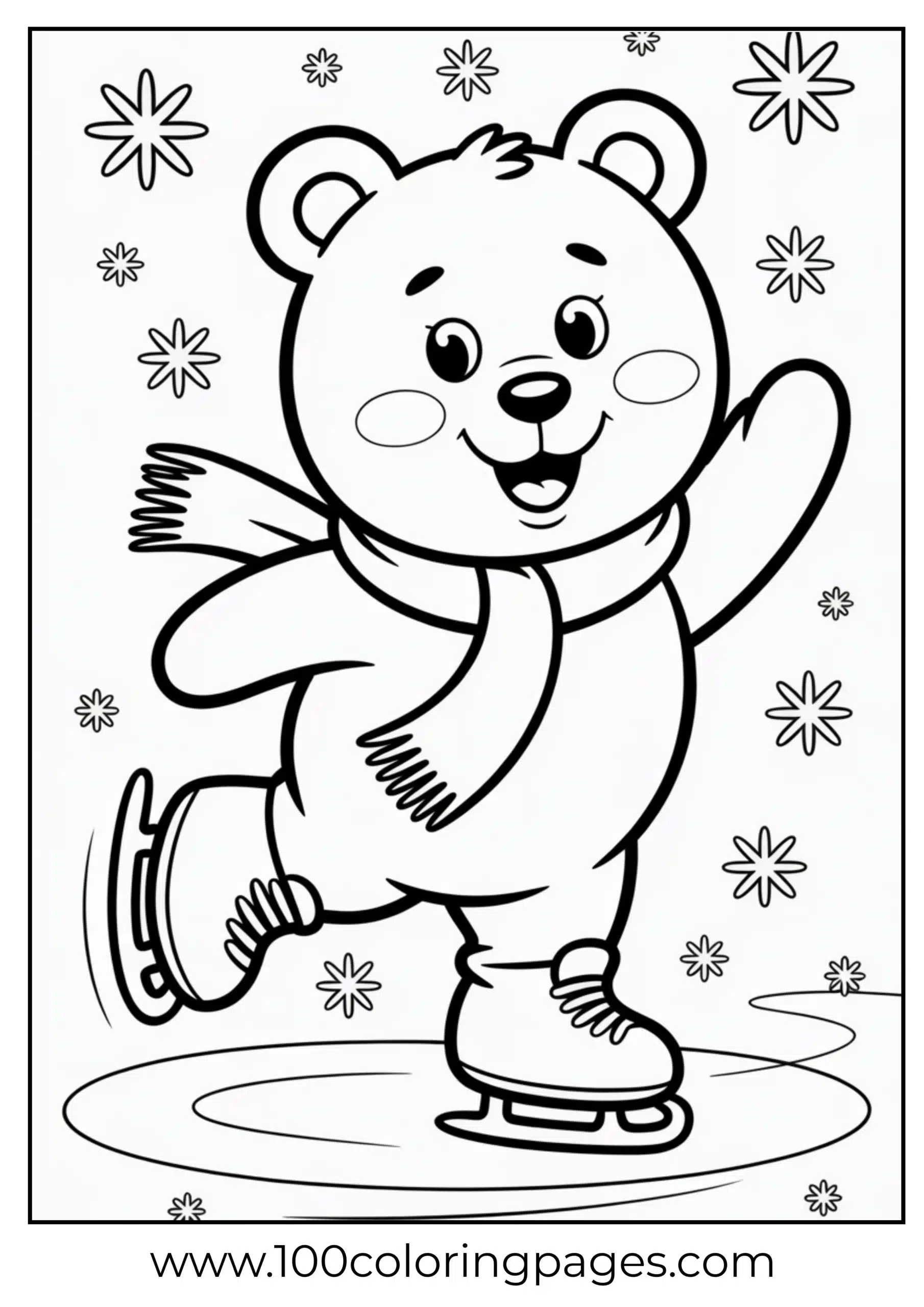 Cheer Bear ice skating in winter scene coloring page