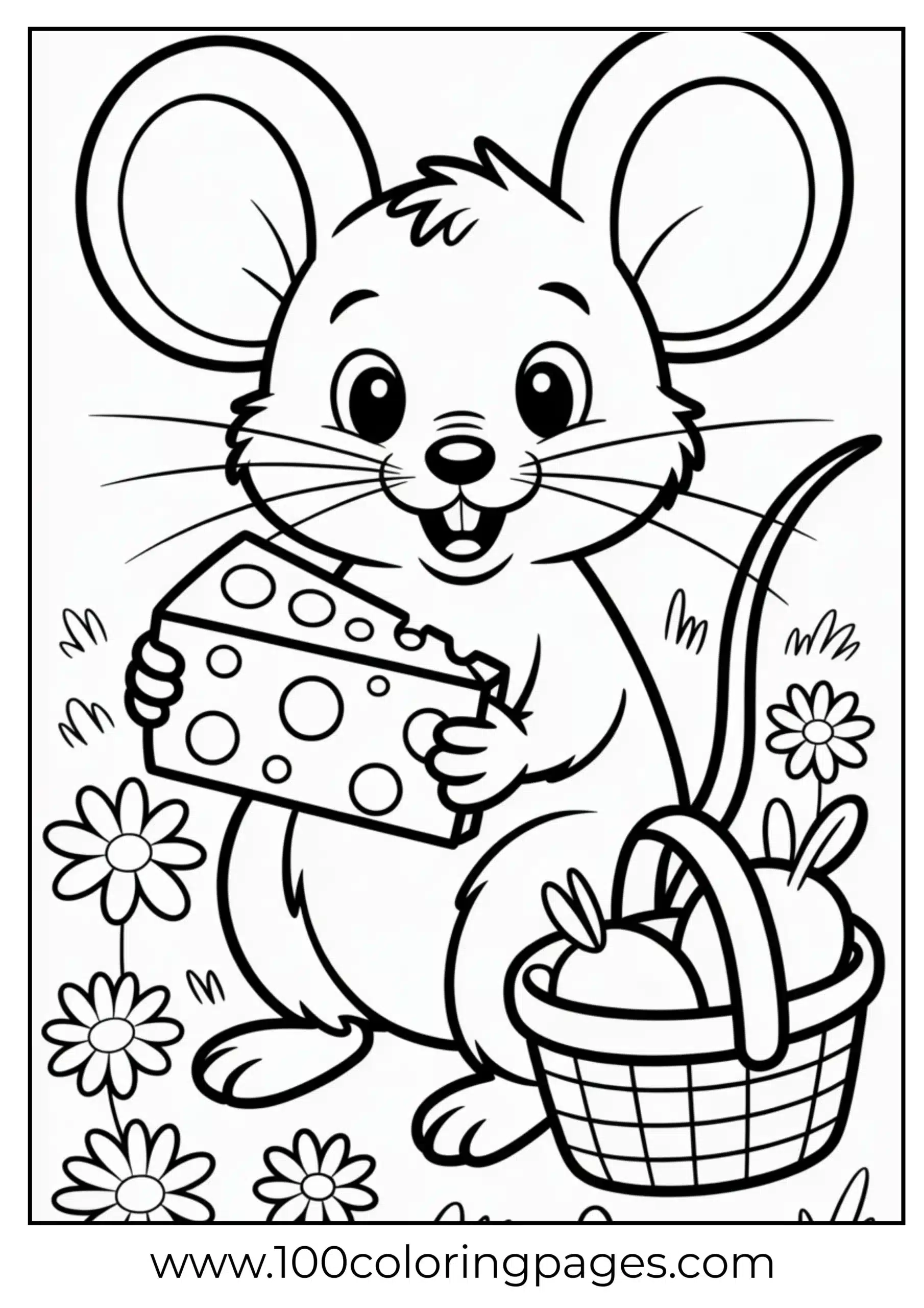Cute mouse holding cheese coloring page