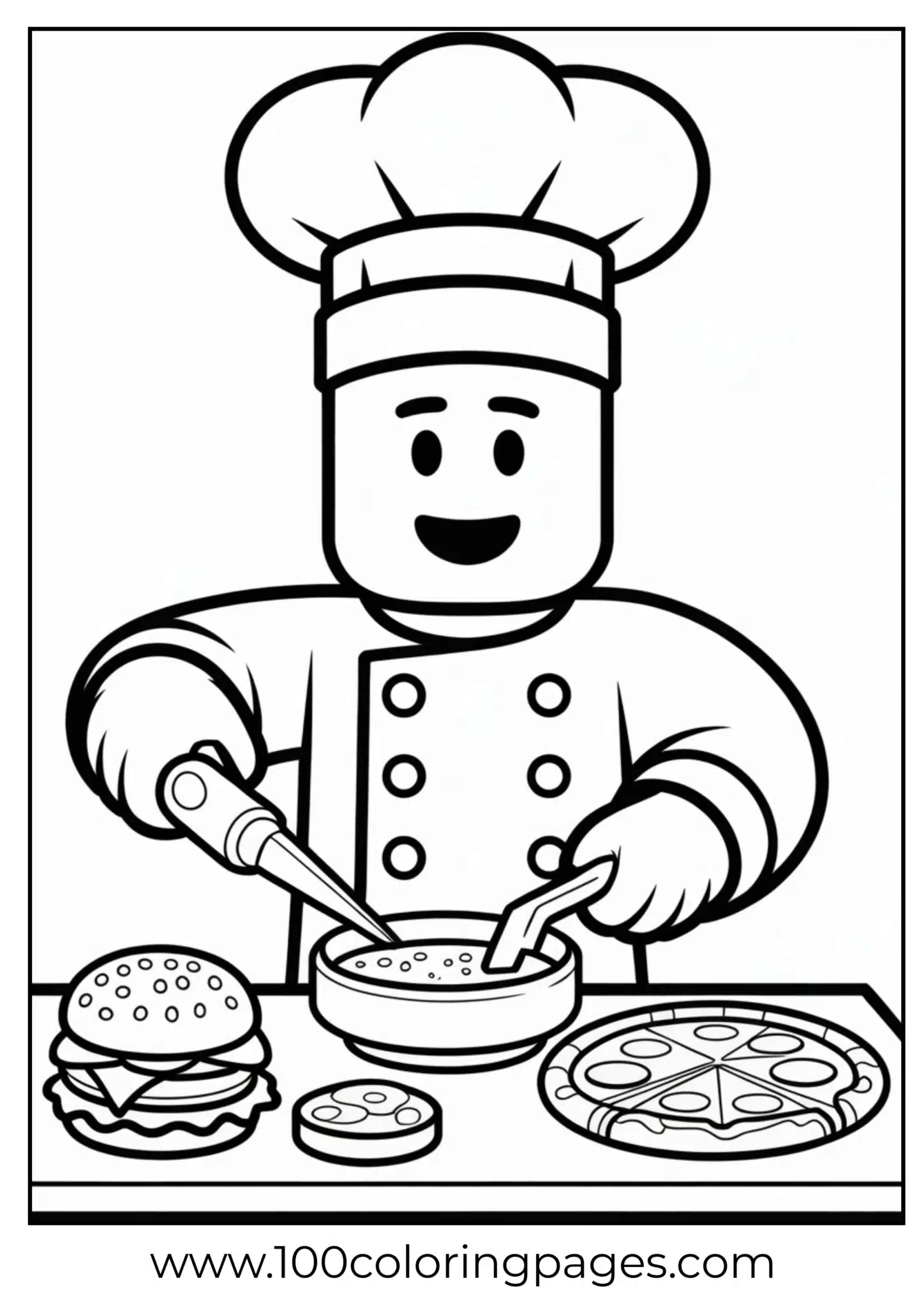 Chef in hat prepares pizza and burgers on a table