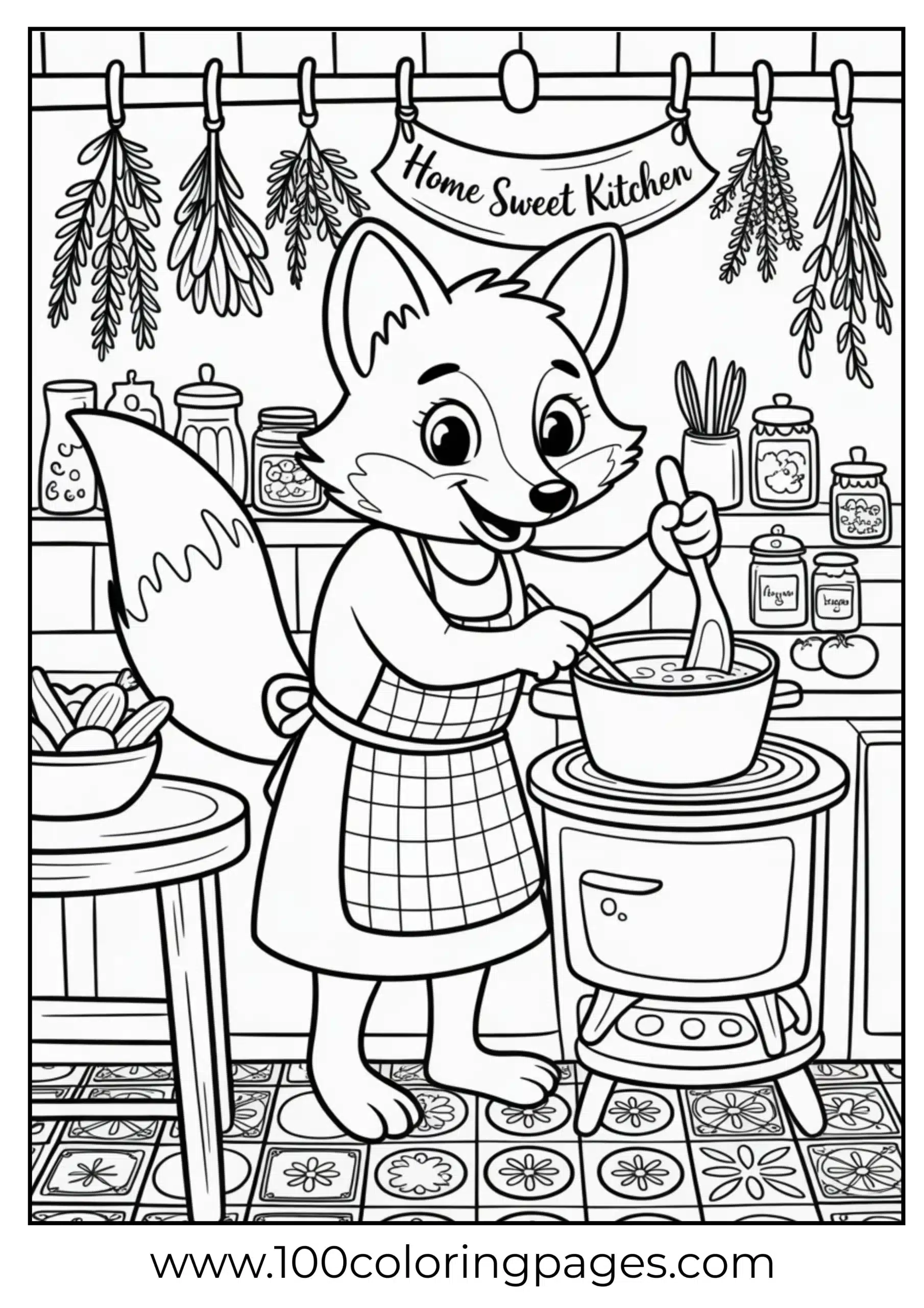 Fox in apron stirring pot in cozy kitchen
