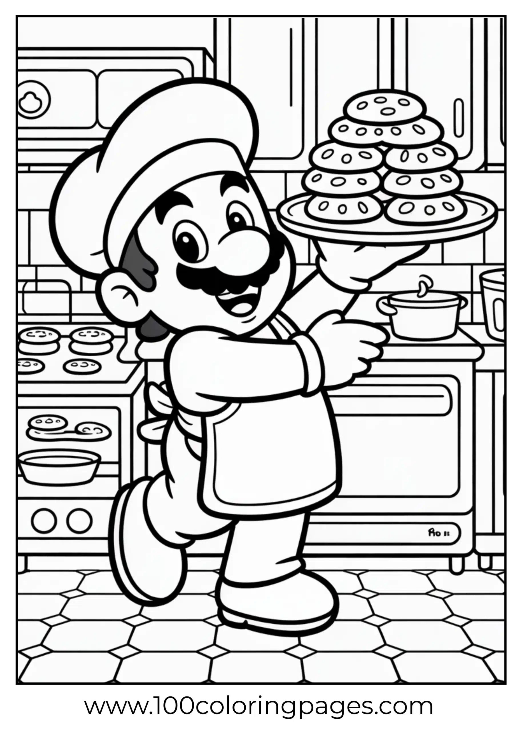 Mario baking cookies in a kitchen-themed coloring page