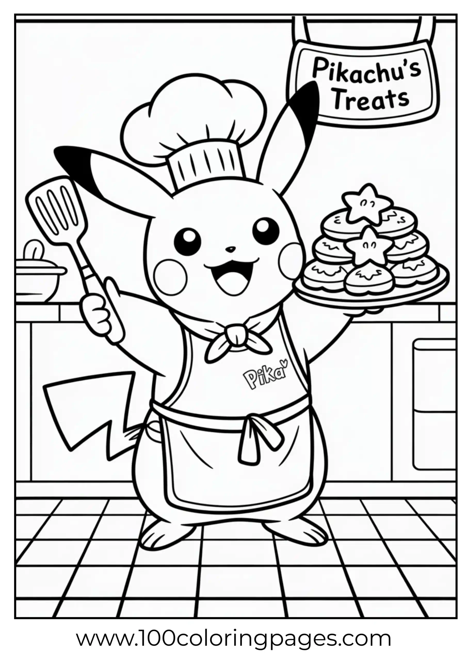 Pikachu chef cooking with spatula and cookies