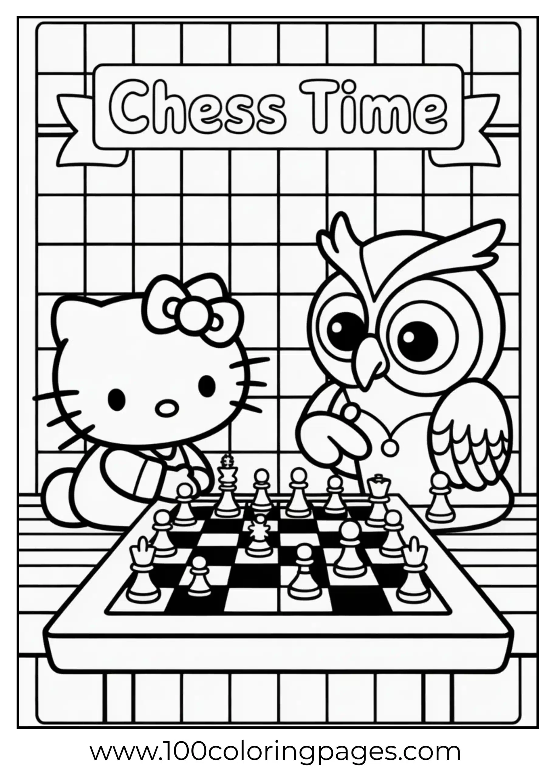 Hello Kitty playing chess coloring page