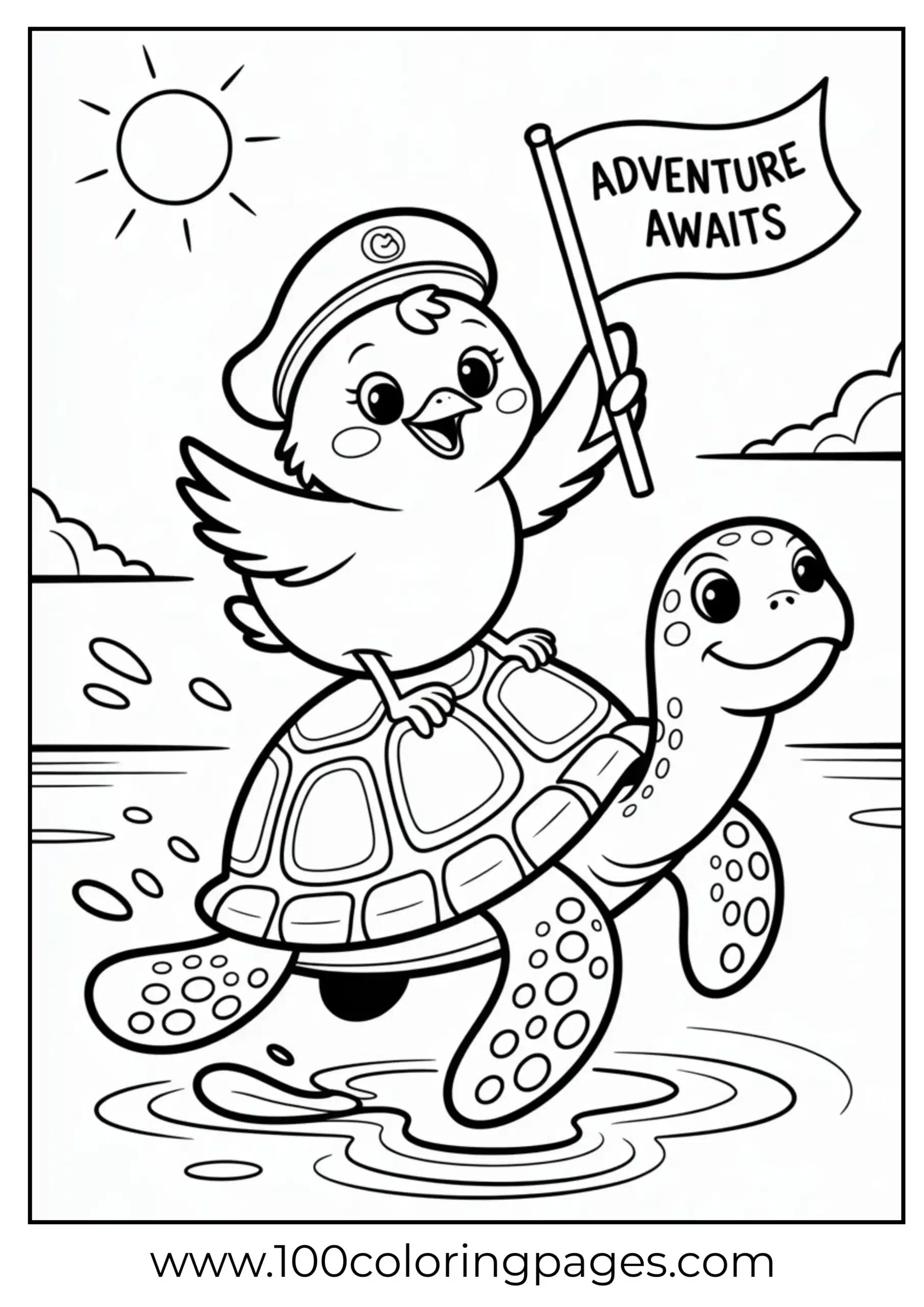 Baby chick riding turtle coloring page