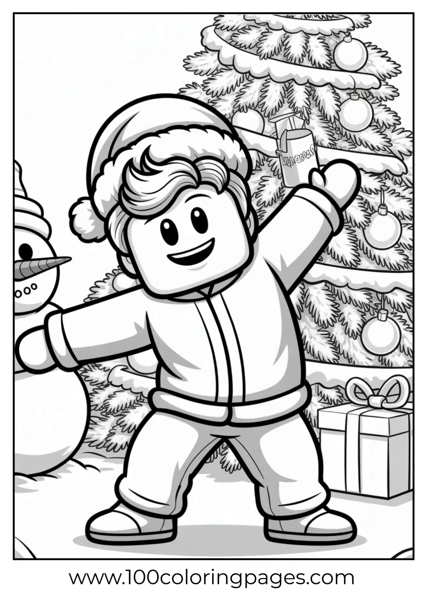 Child in Santa hat decorating a Christmas tree with a snowman