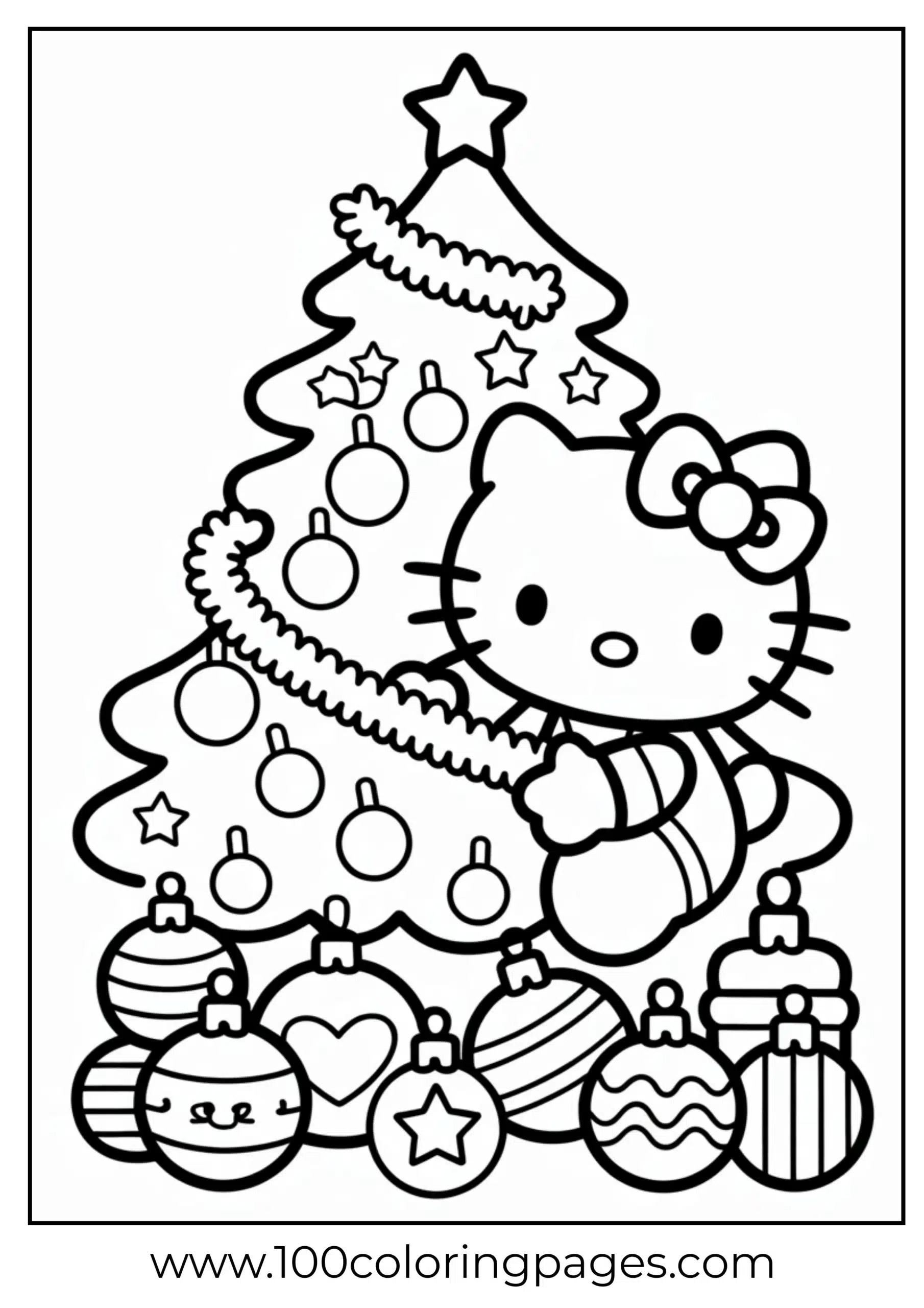 Hello Kitty decorating Christmas tree coloring page