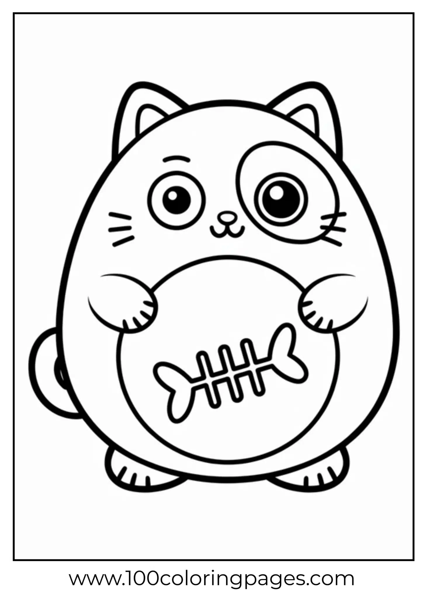 Chubby cat holding a fish skeleton coloring page