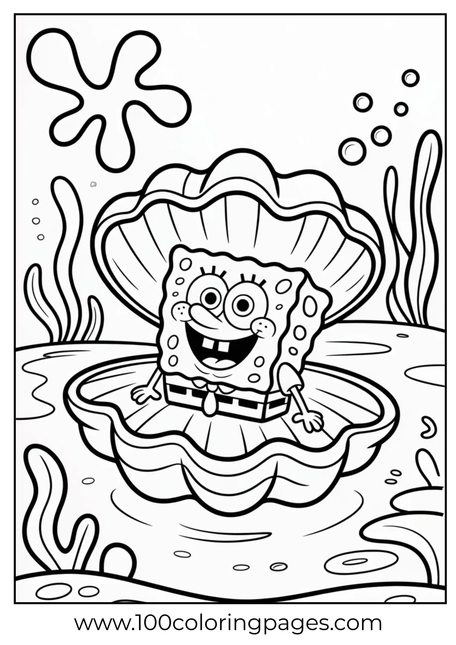 SpongeBob lounging inside clam shell happily