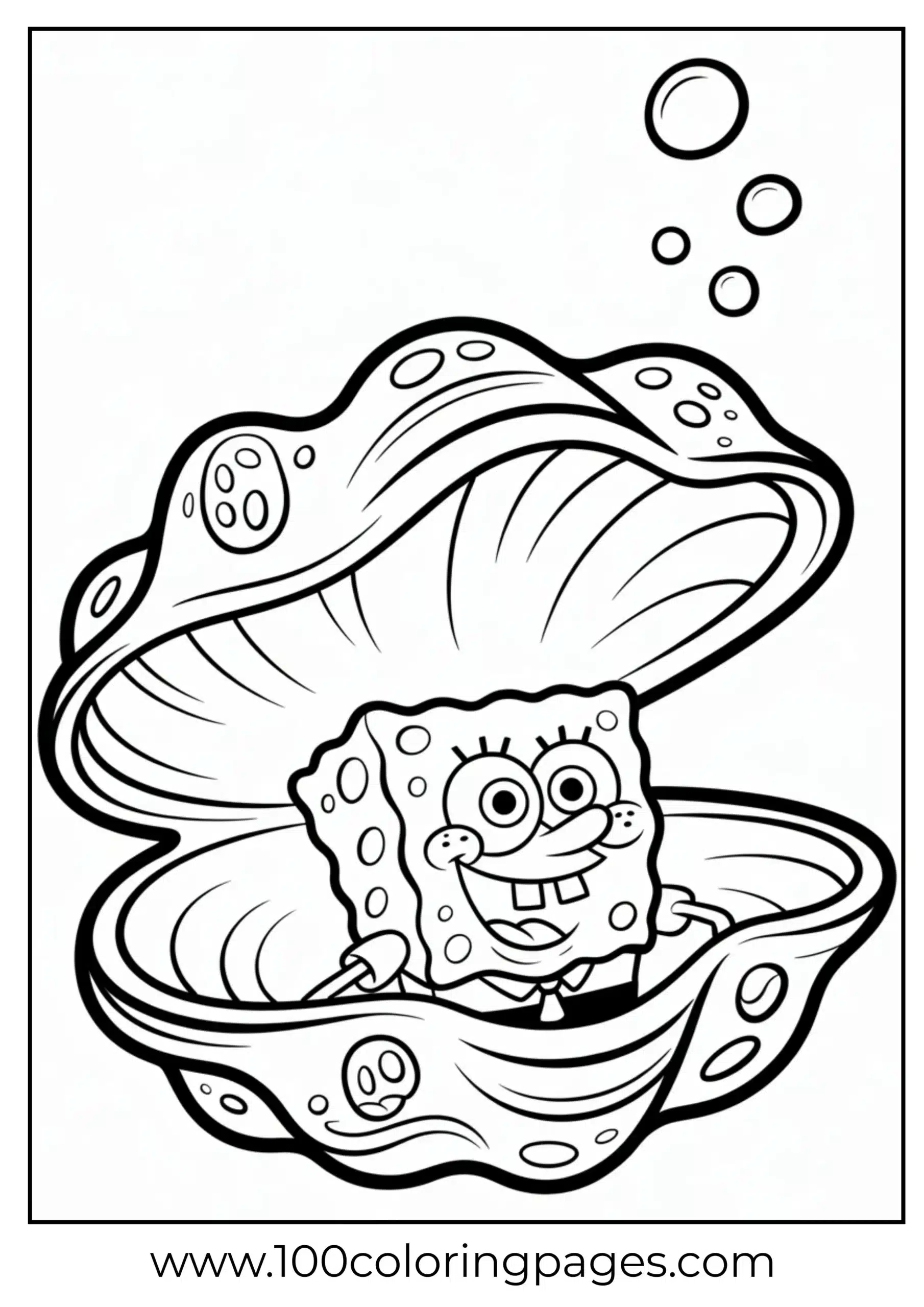 SpongeBob inside clam shell smiling as coloring page