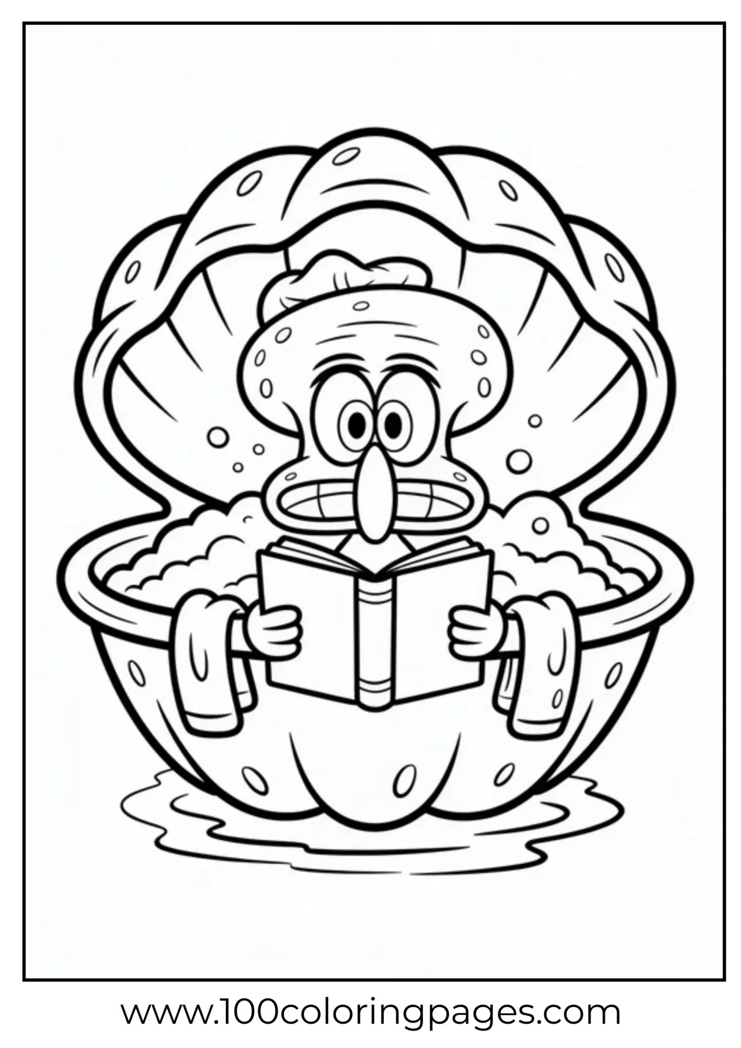 Clamshell and pearl character reading a book coloring page