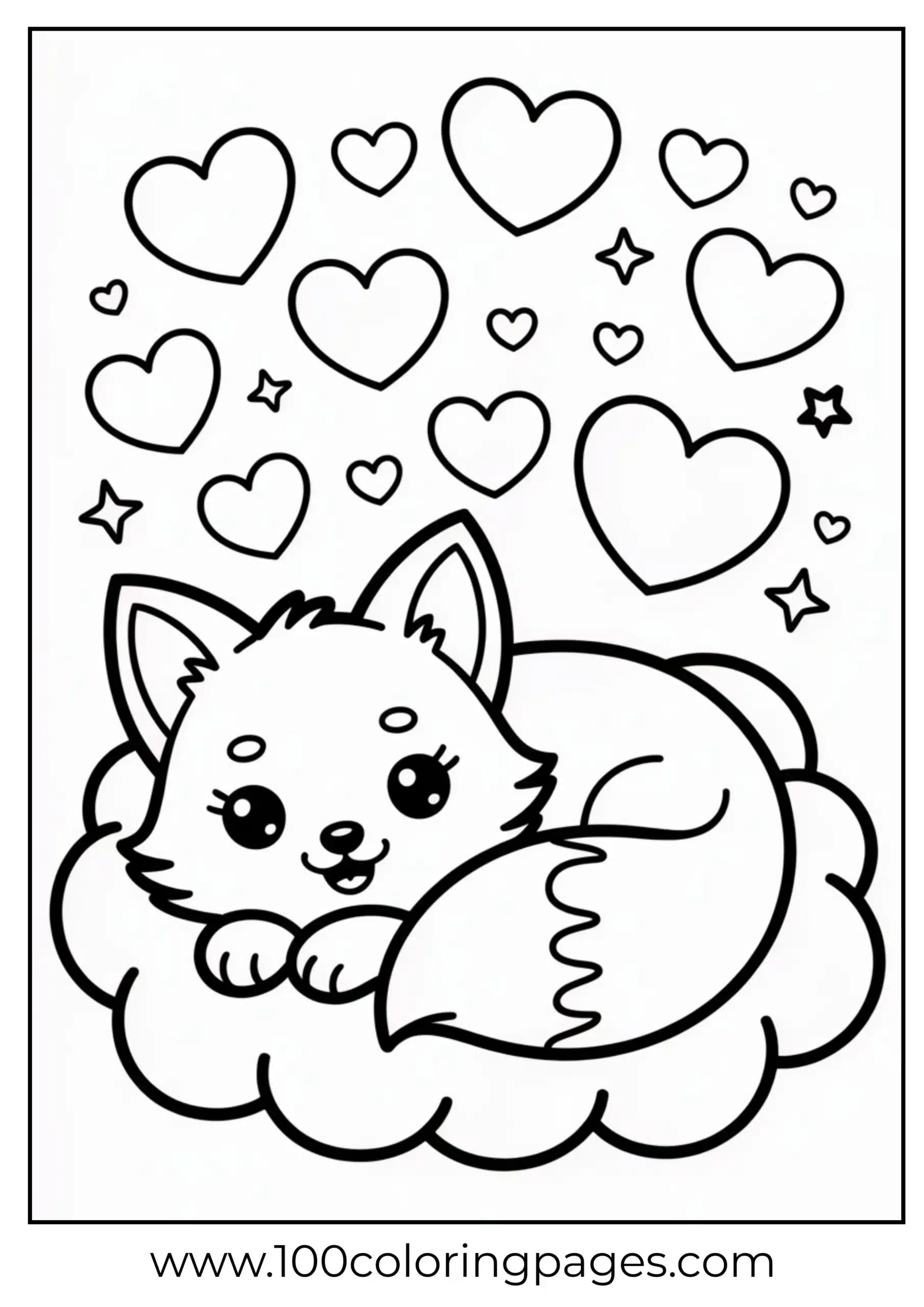 Fox lying on cloud with hearts above