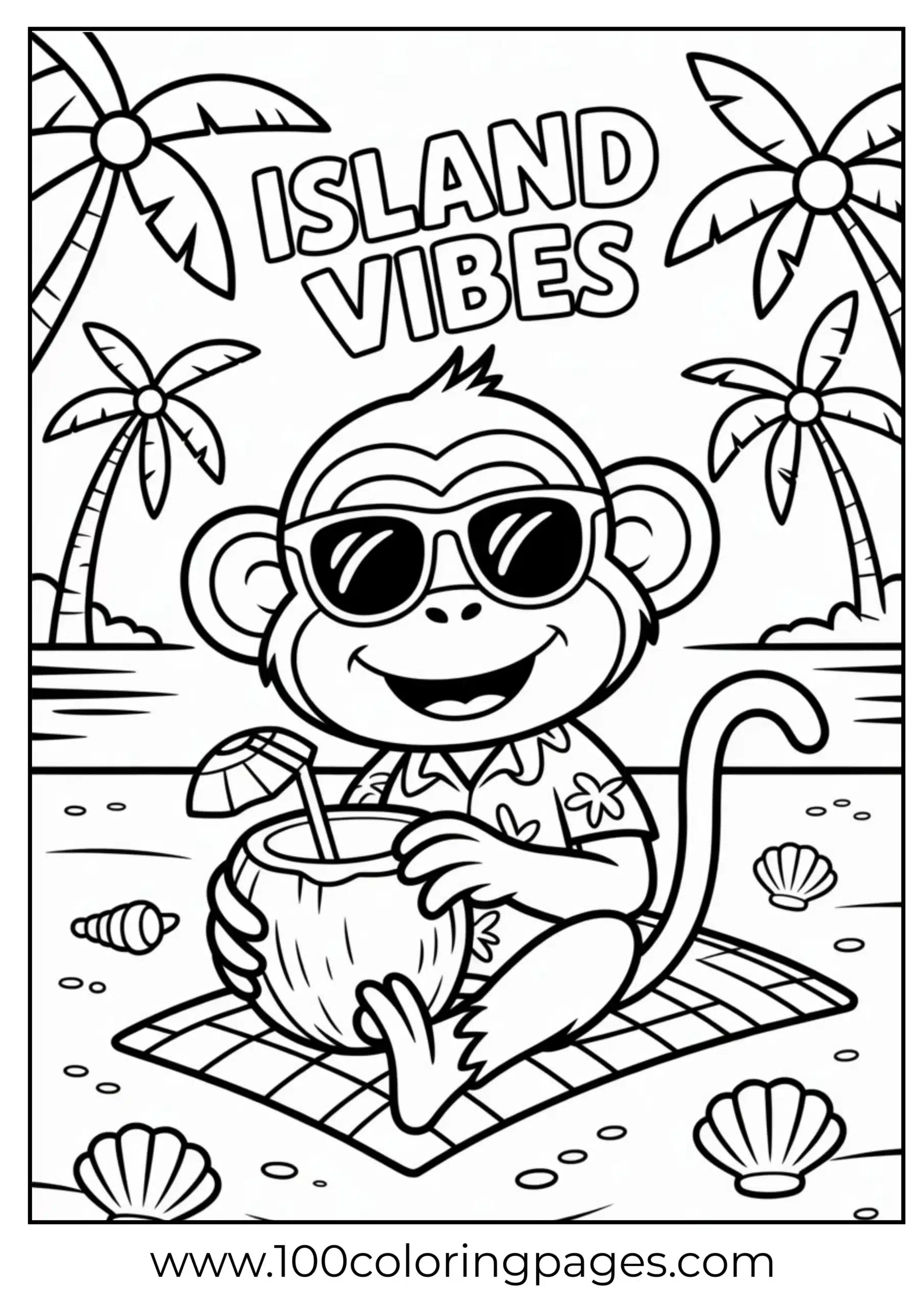 Monkey drinking coconut by the beach coloring page