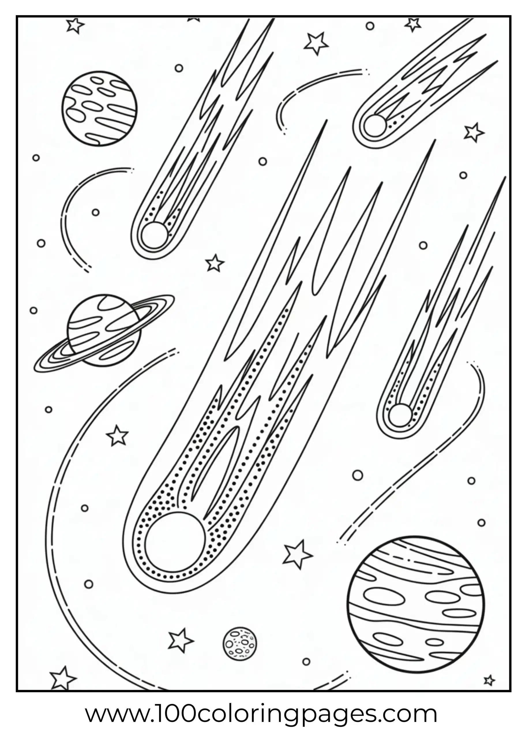 Comets flying past planets coloring page