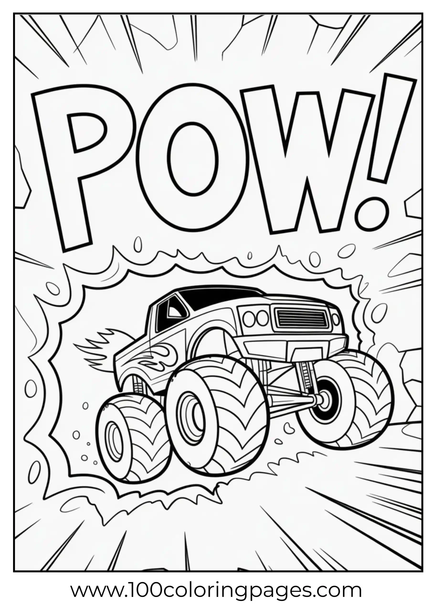 Monster truck crashing through comic wall with “POW!”