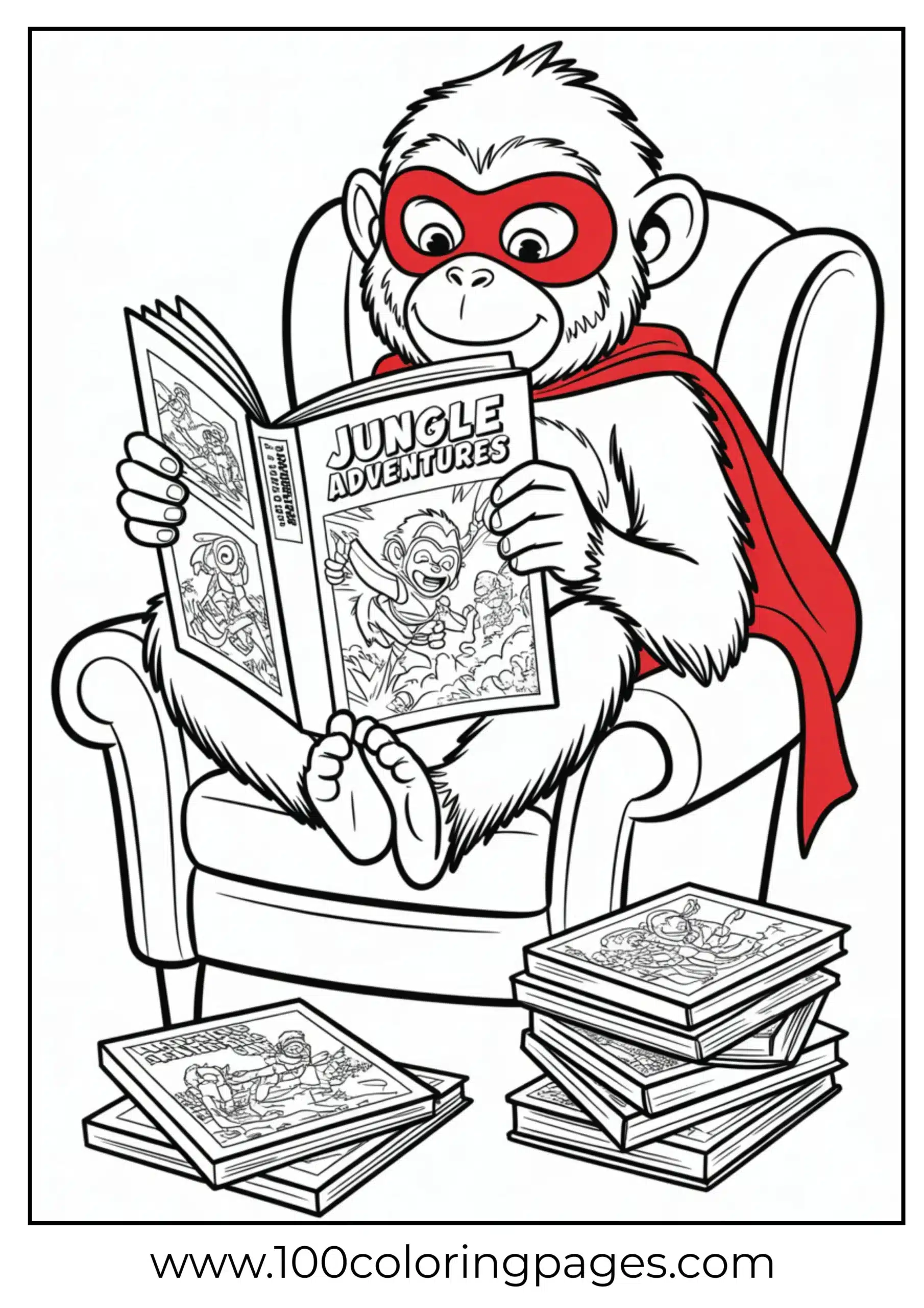 Monkey reading comic book coloring page