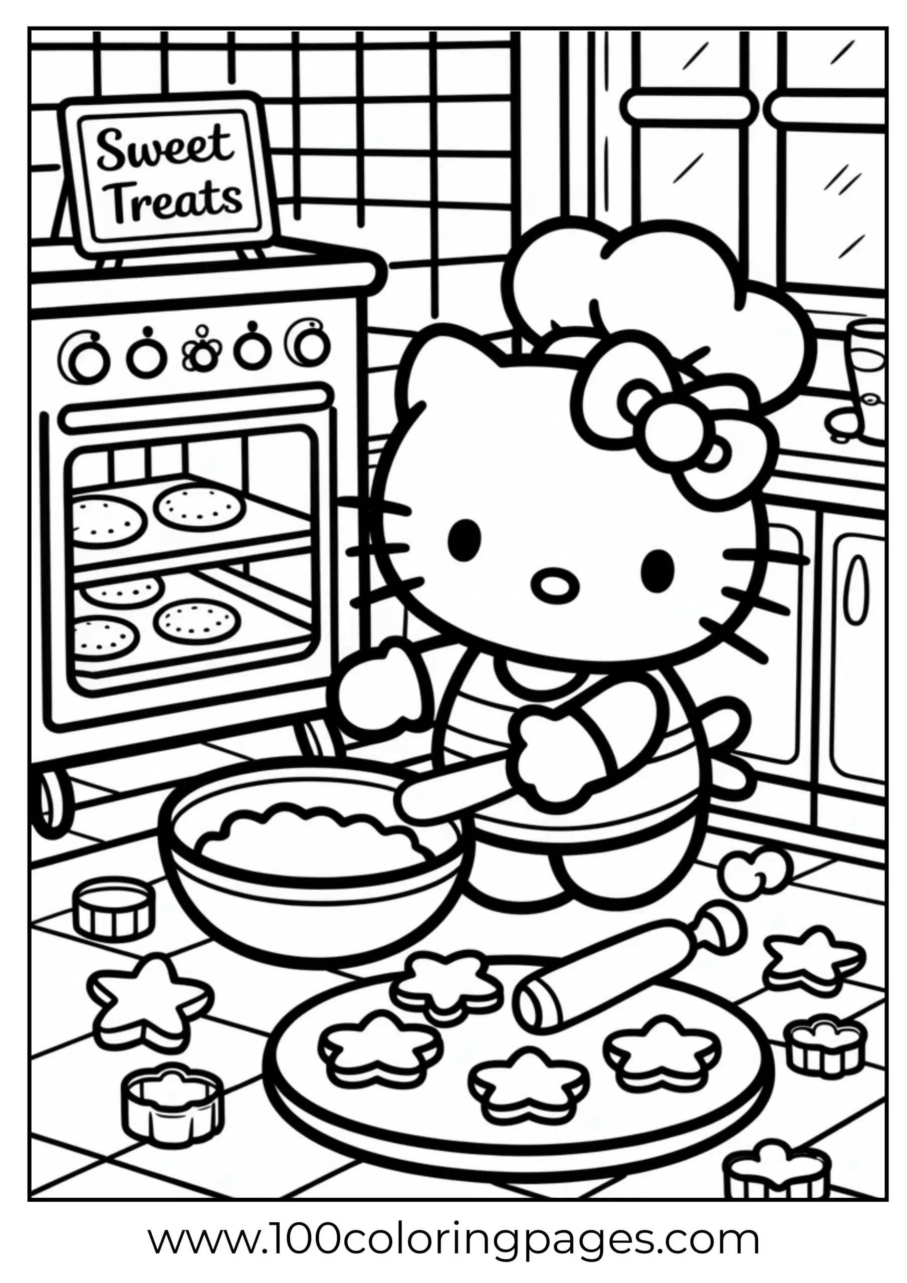 Hello Kitty baking cookies coloring page