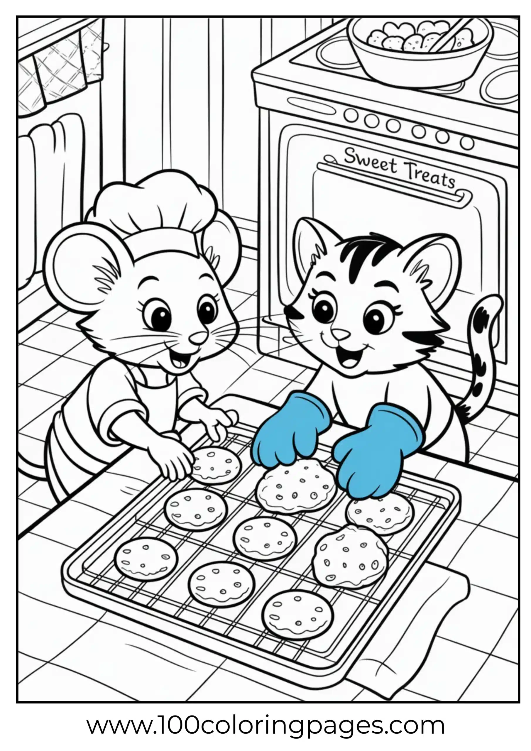 Mouse and kitten baking cookies coloring page
