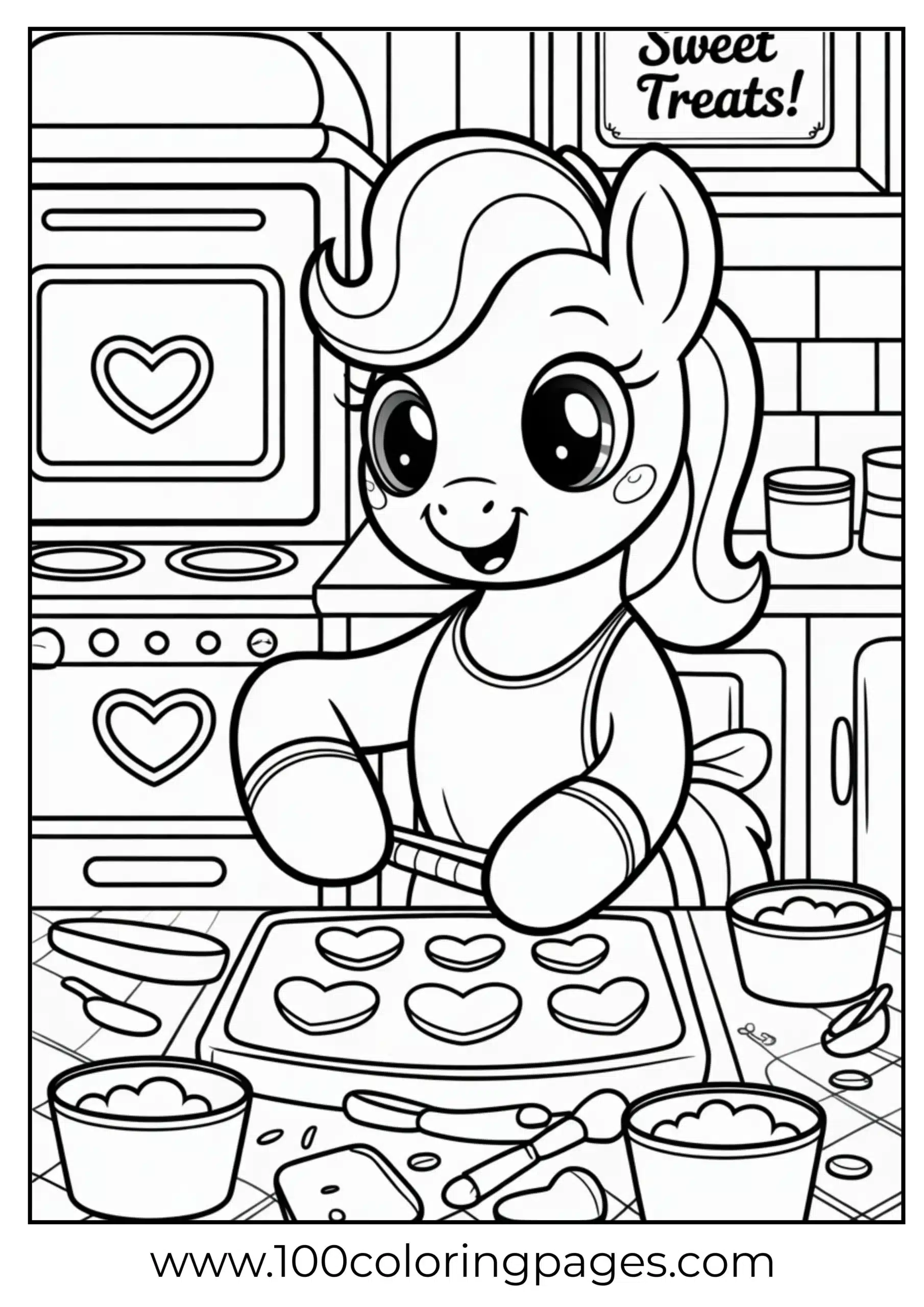 Pony baking heart cookies with apron
