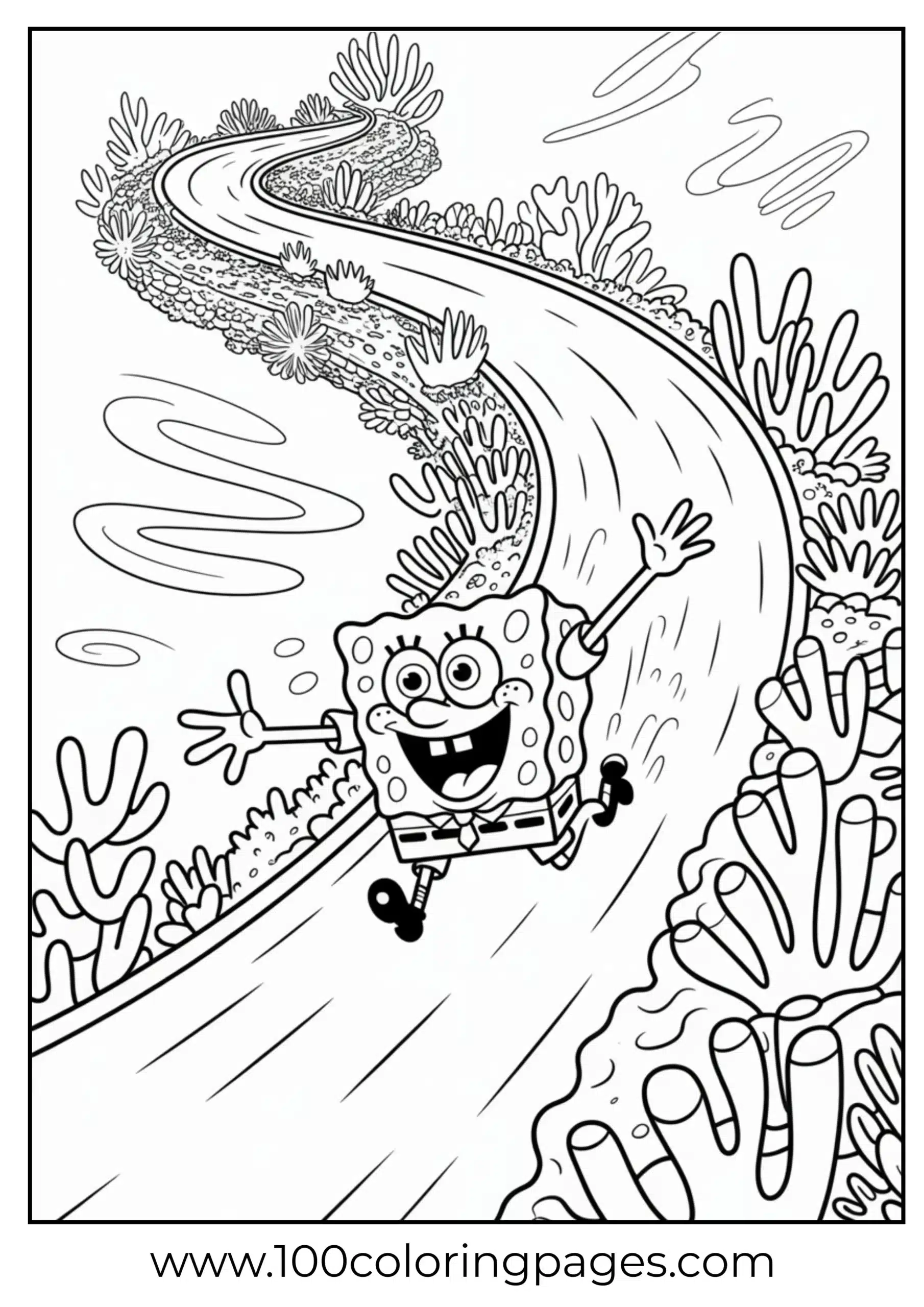 SpongeBob sliding on coral with joyful expression