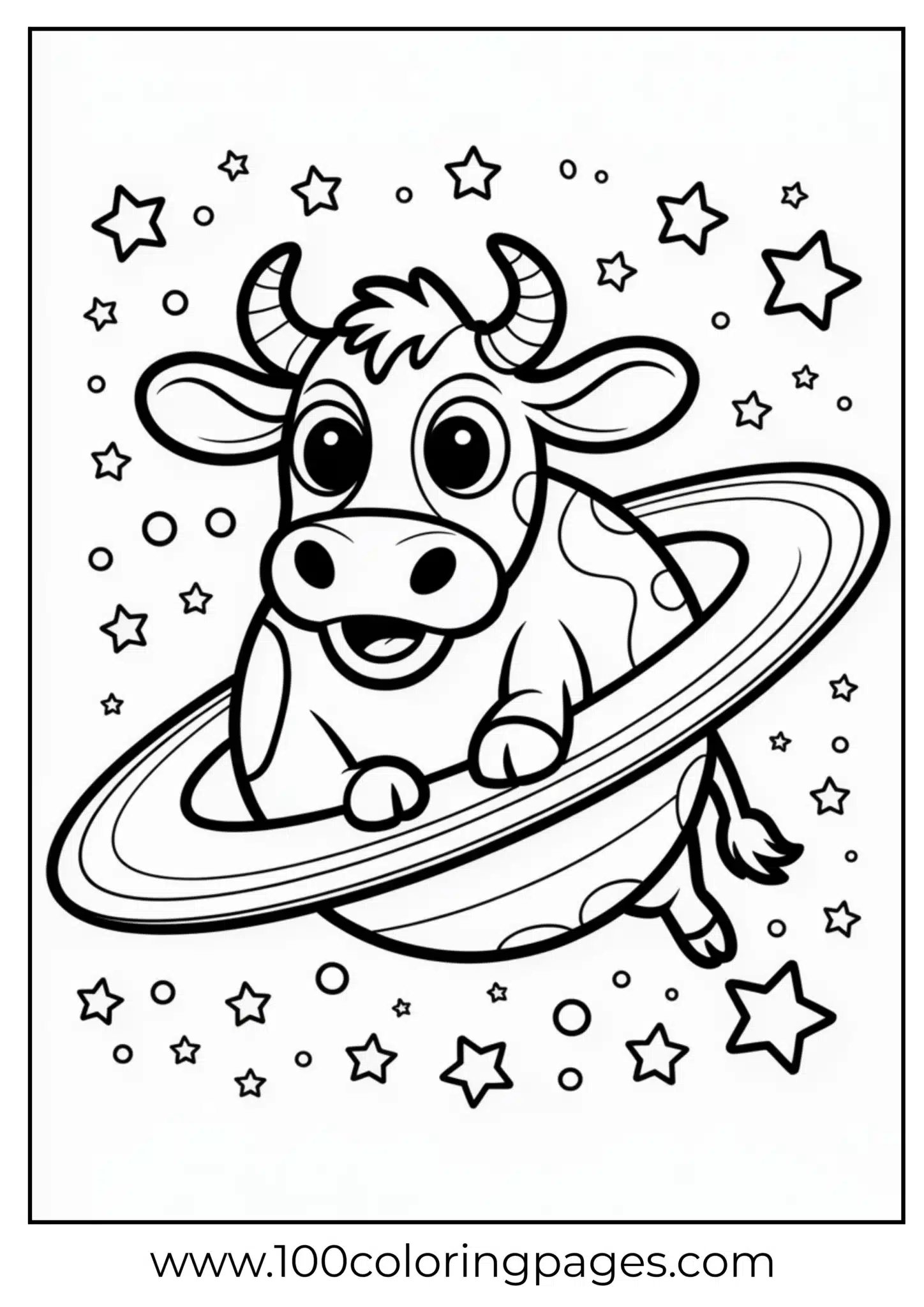 Cow stands on a ringed planet among many stars