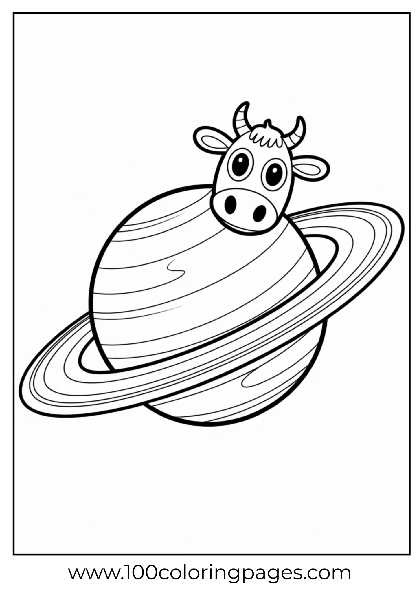 Cow standing on a ringed planet, ready for coloring