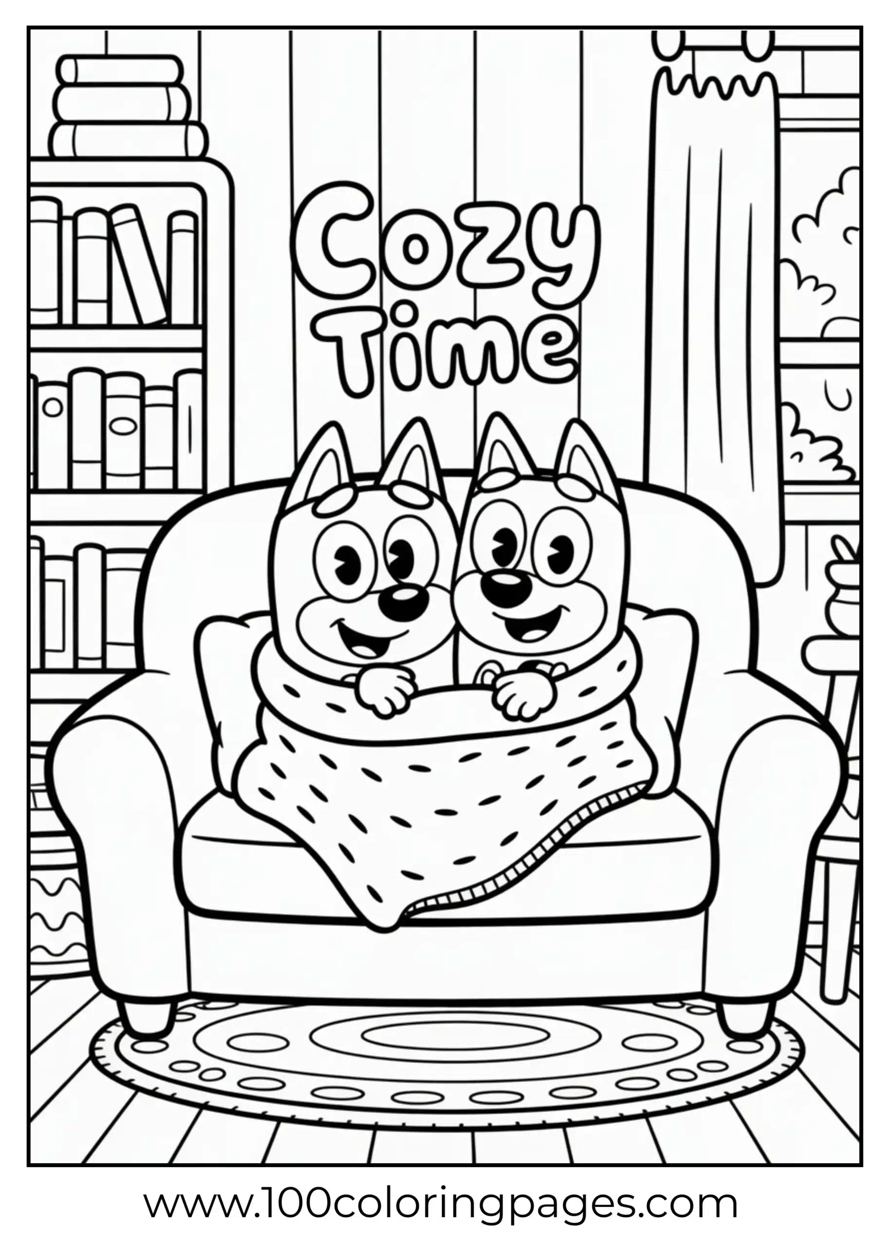 Bluey and Bingo cuddling on couch coloring page
