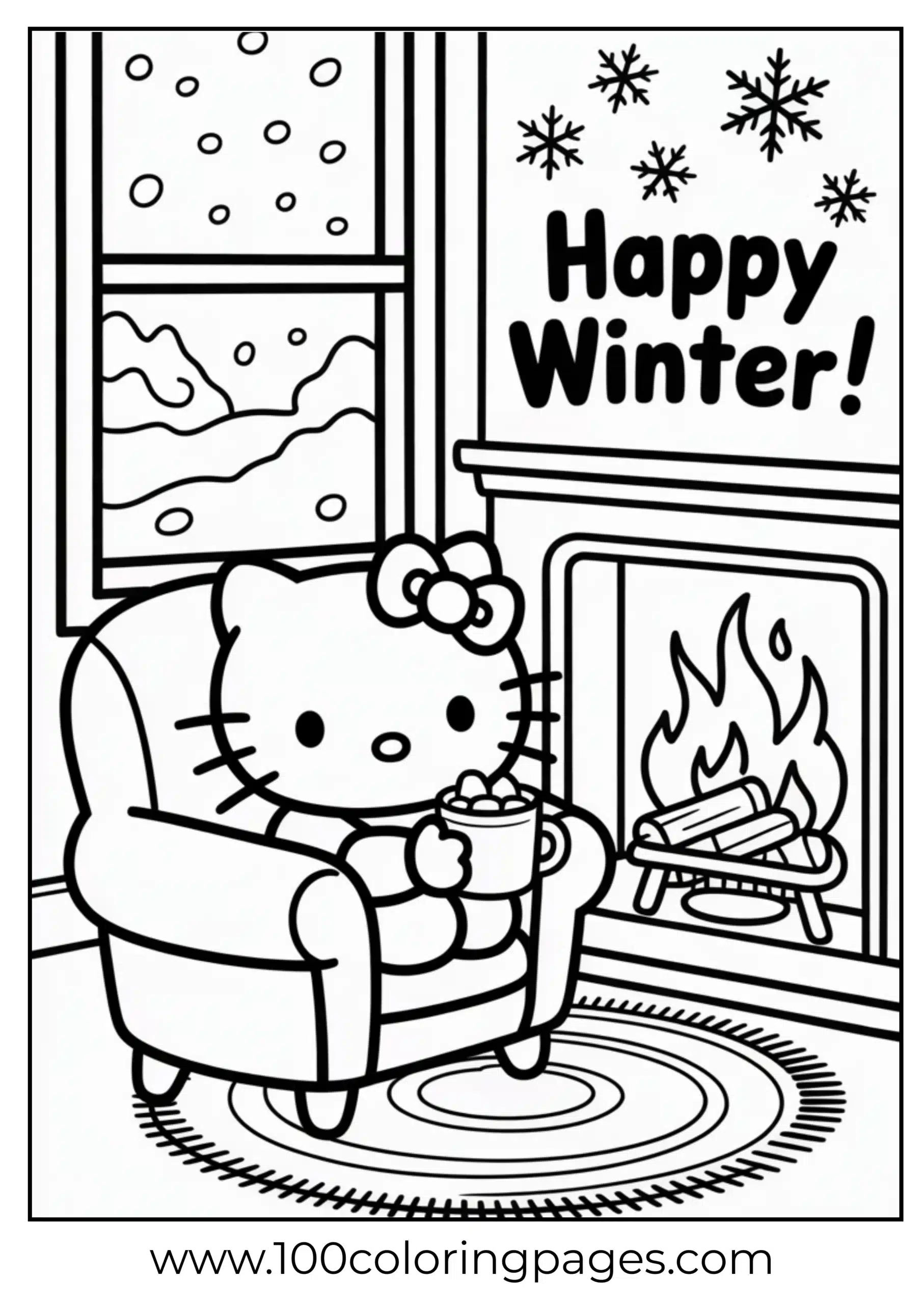 Hello Kitty with hot cocoa coloring page