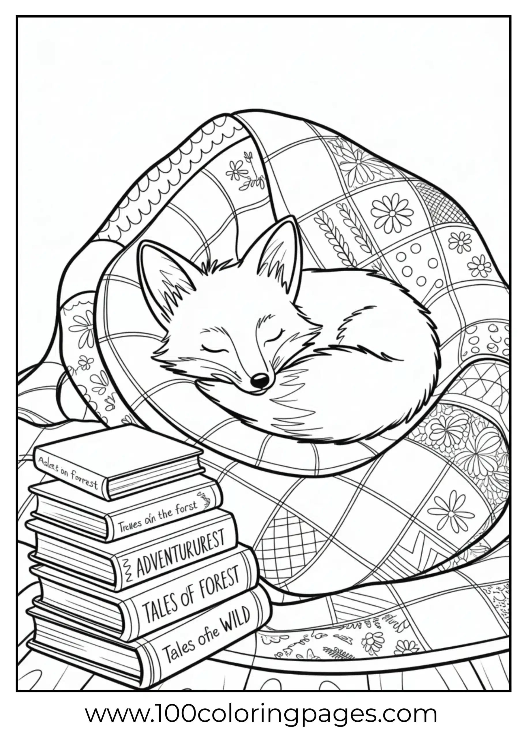 Fox napping under quilt with books