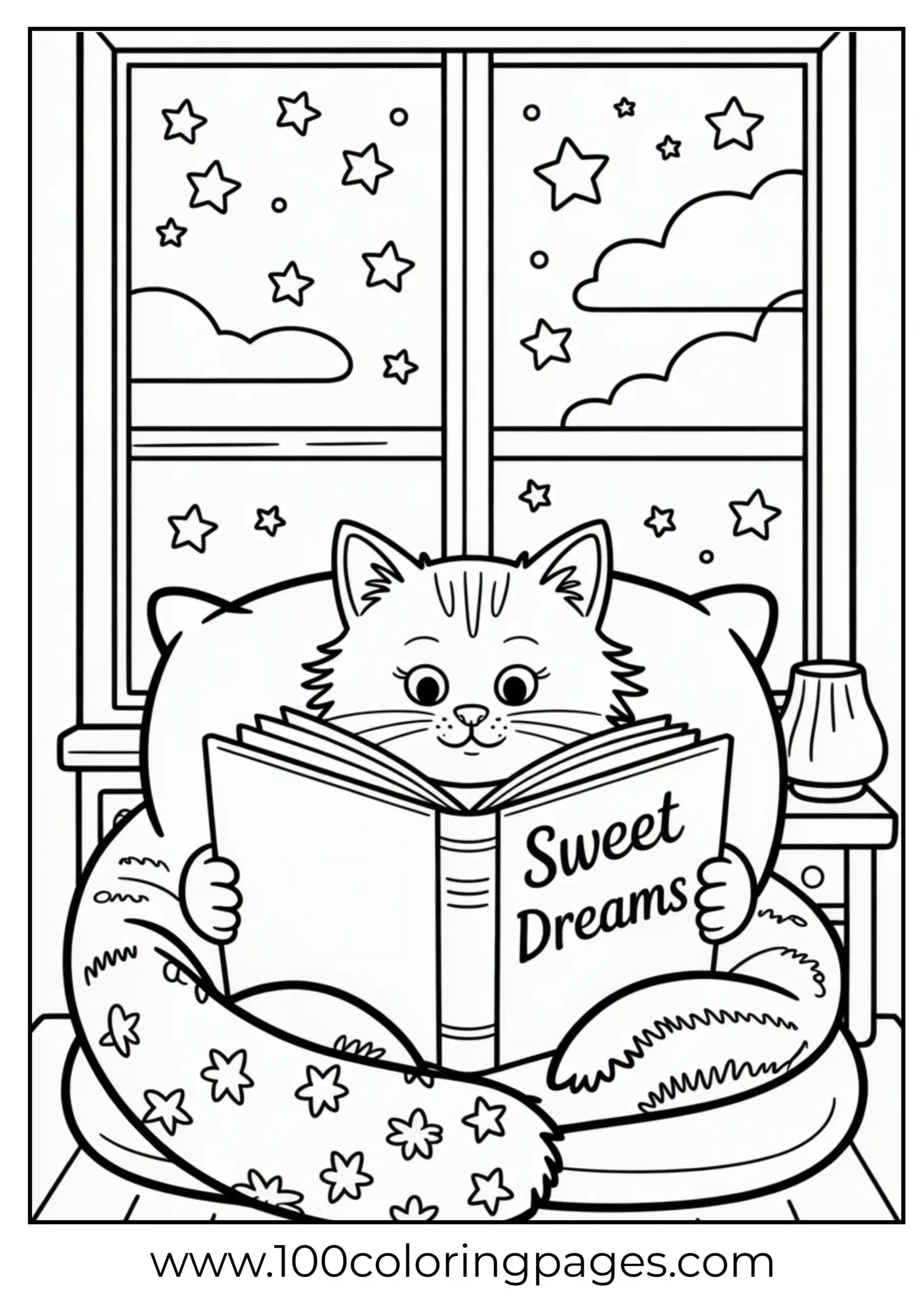Cat reading under blanket coloring page