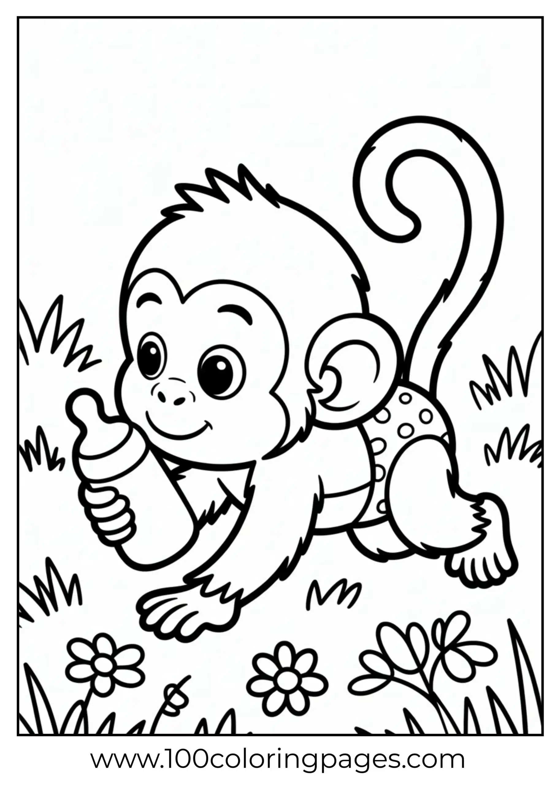 Baby monkey crawling with bottle coloring page