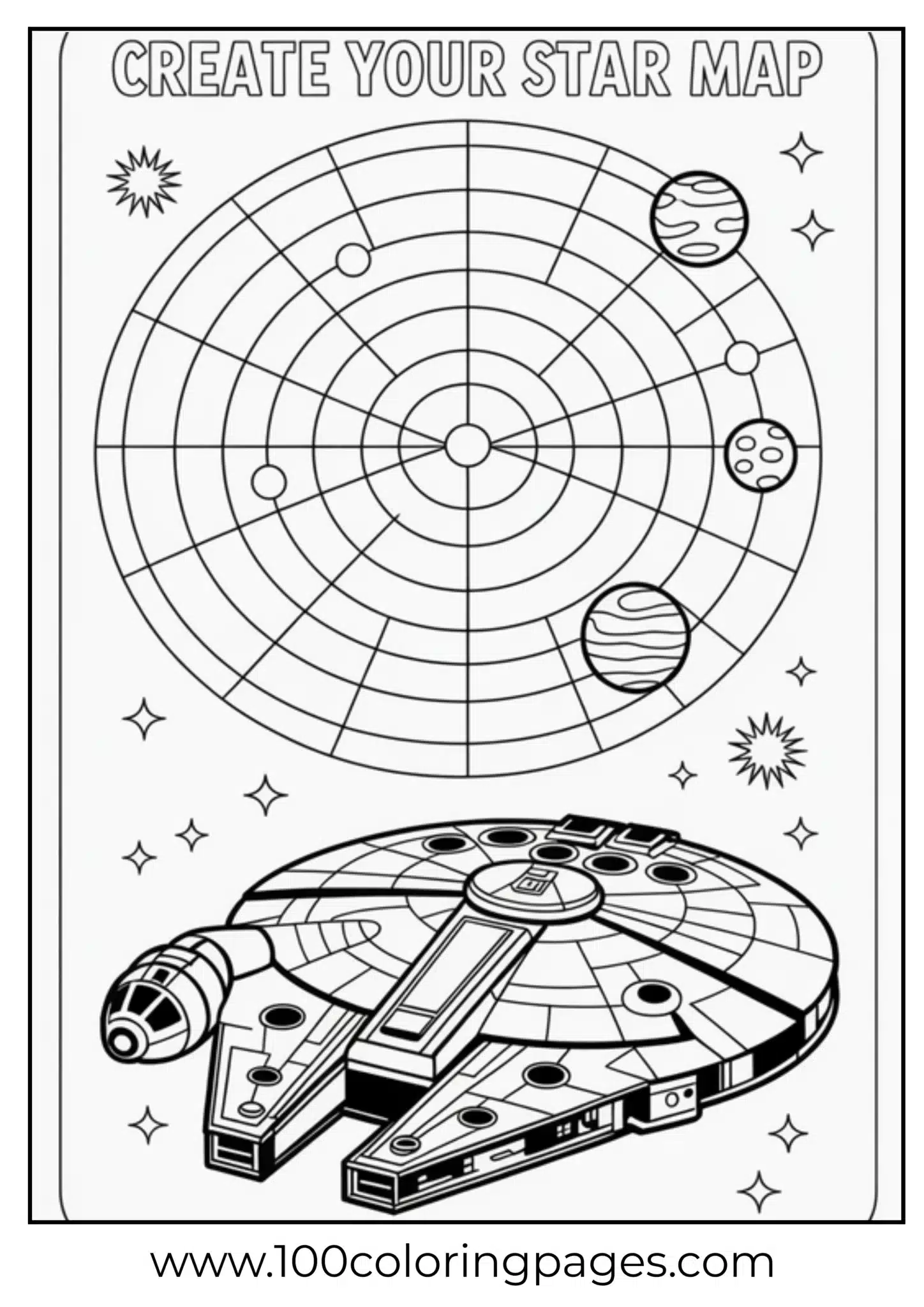 Spaceship and stars on a galaxy-themed map coloring page